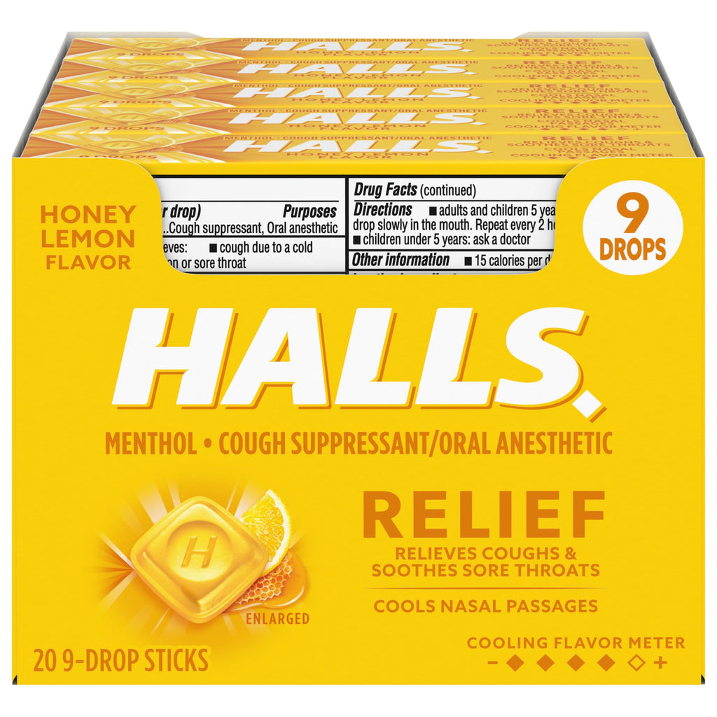HALLS Relief Honey Lemon Cough Drops, 20 Packs of 9 Drops (180 Total D ...