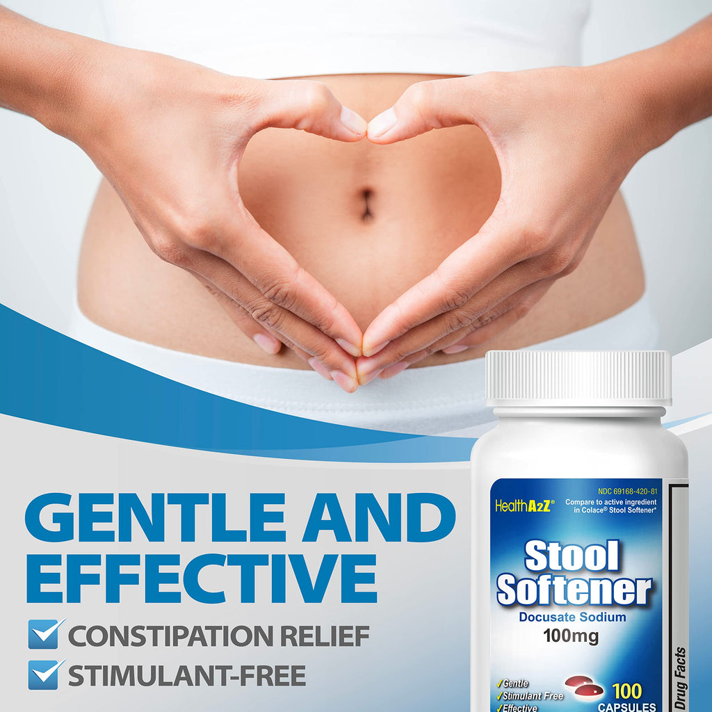 HealthA2Z Stool Softener | Docusate Sodium 100mg | Red & White Capsules | Dependable | Gentle Constipation Relief (100 Counts)