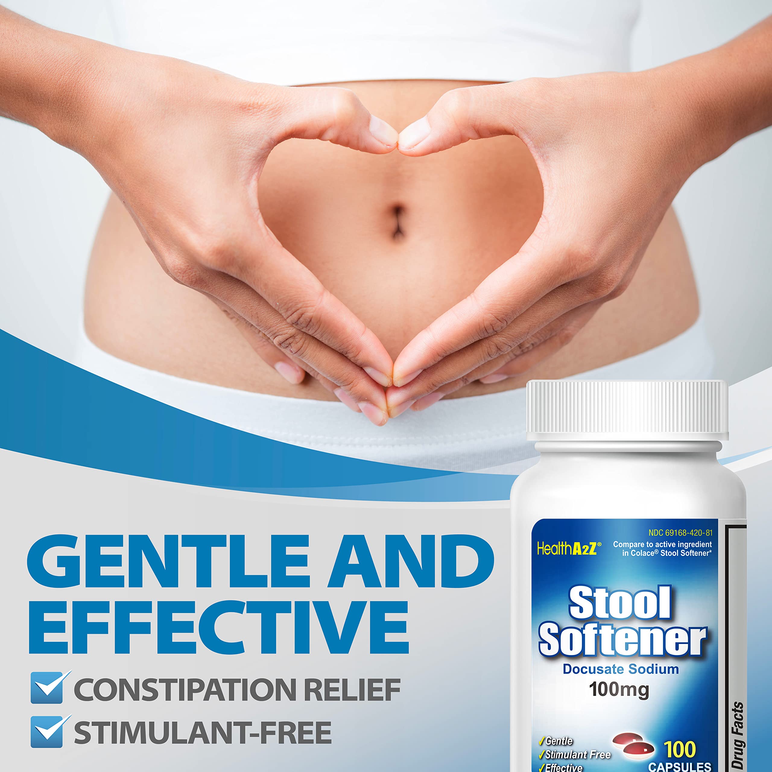 HealthA2Z Stool Softener | Docusate Sodium 100mg | Red & White Capsules | Dependable | Gentle Constipation Relief (100 Counts)