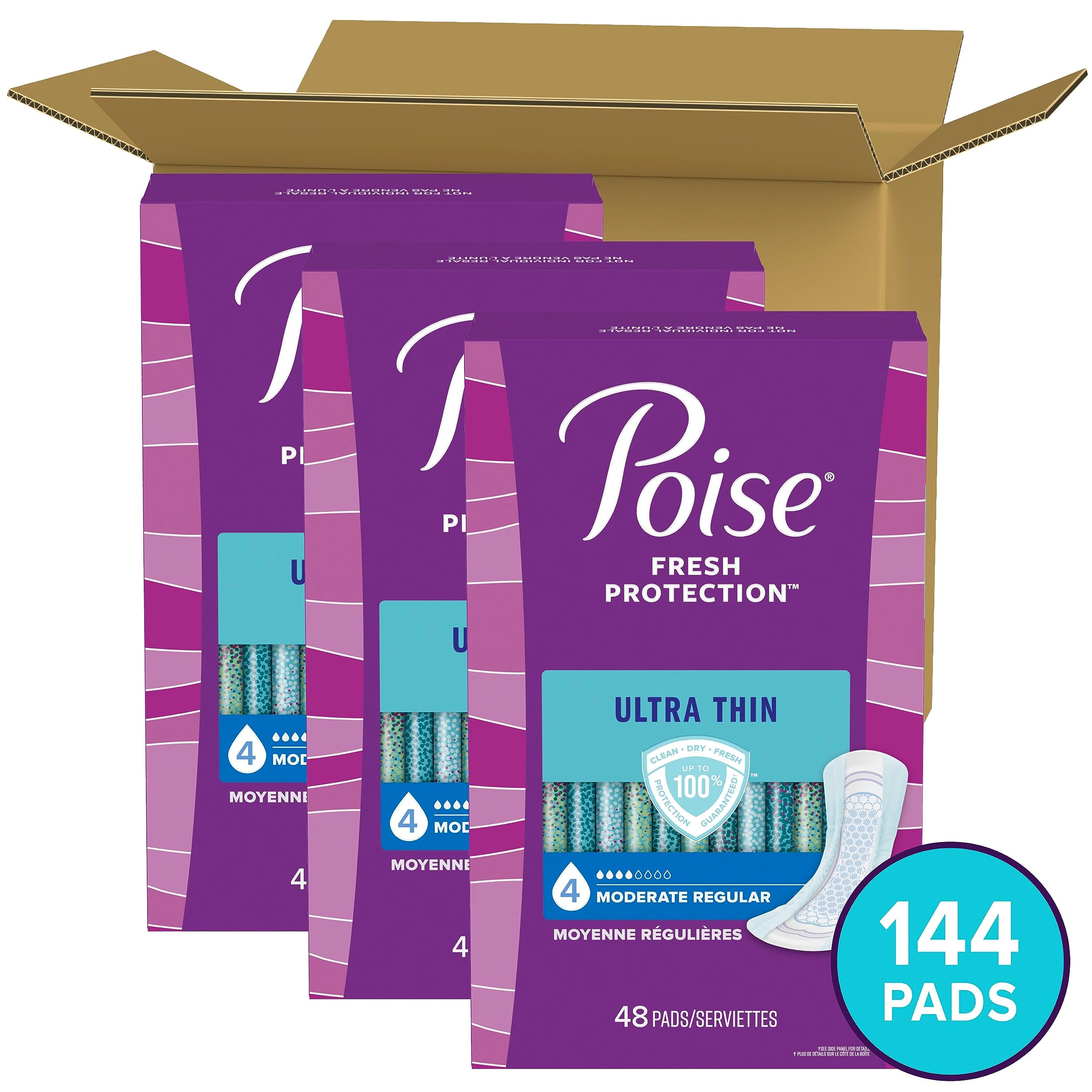 Poise Ultra Thin Incontinence Pads & Postpartum Incontinence Pads, 4 Drop Moderate Absorbency, Regular Length, 144 Count (3 Pack