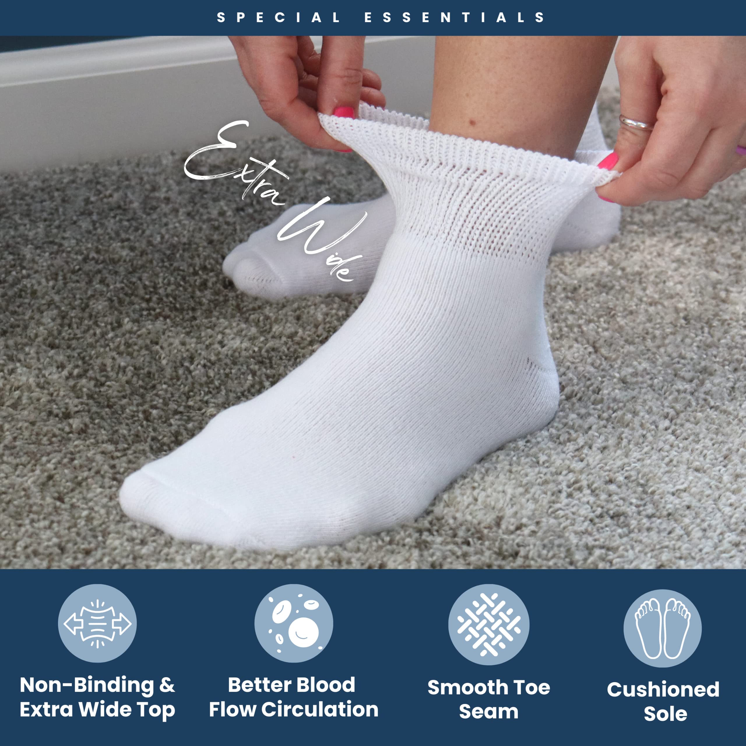 Special Essentials 12 Pairs Cotton Diabetic Ankle Socks - Non-Binding With Extra Wide Top For Men and Women White 10-13