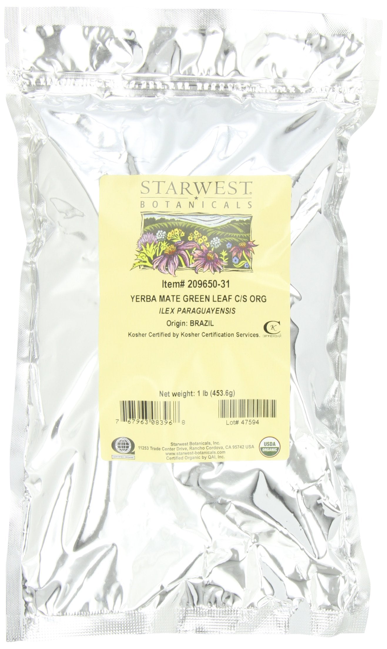 Starwest Botanicals Organic Green Yerba Mate Leaf Cut, 1-pound Bag