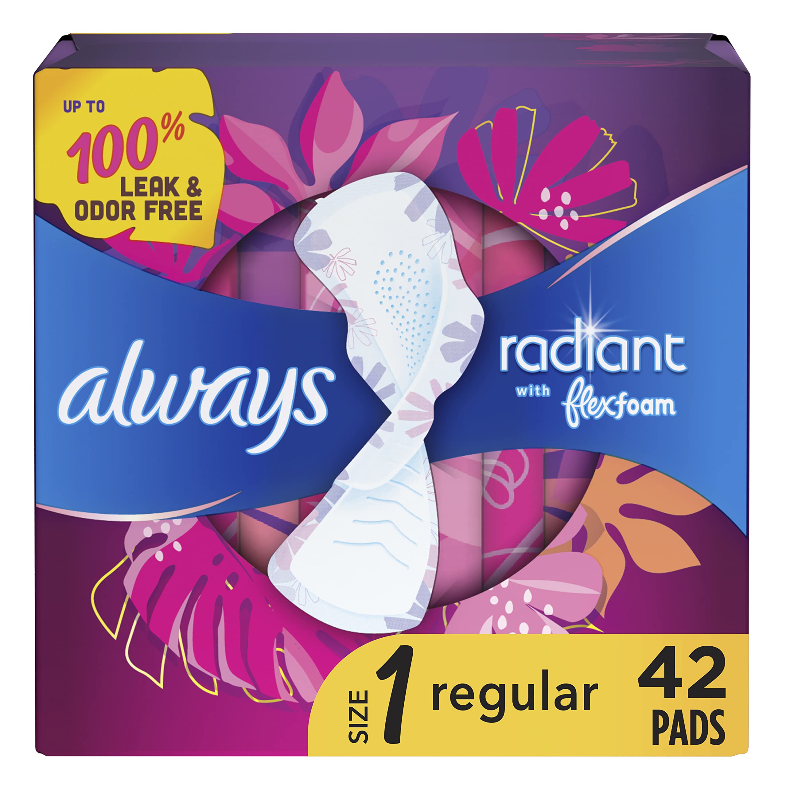 Always Radiant Feminine Pads for Women, Size 1 Regular, with Wings, Scented, 42 CT