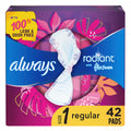 Always Radiant Feminine Pads for Women, Size 1 Regular, with Wings, Scented, 42 CT