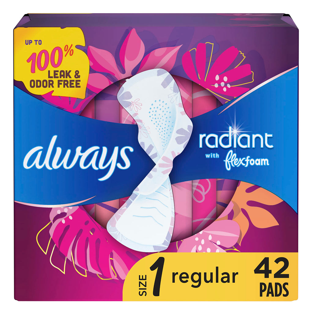 Always Radiant Feminine Pads for Women, Size 1 Regular, with Wings, Scented, 42 CT