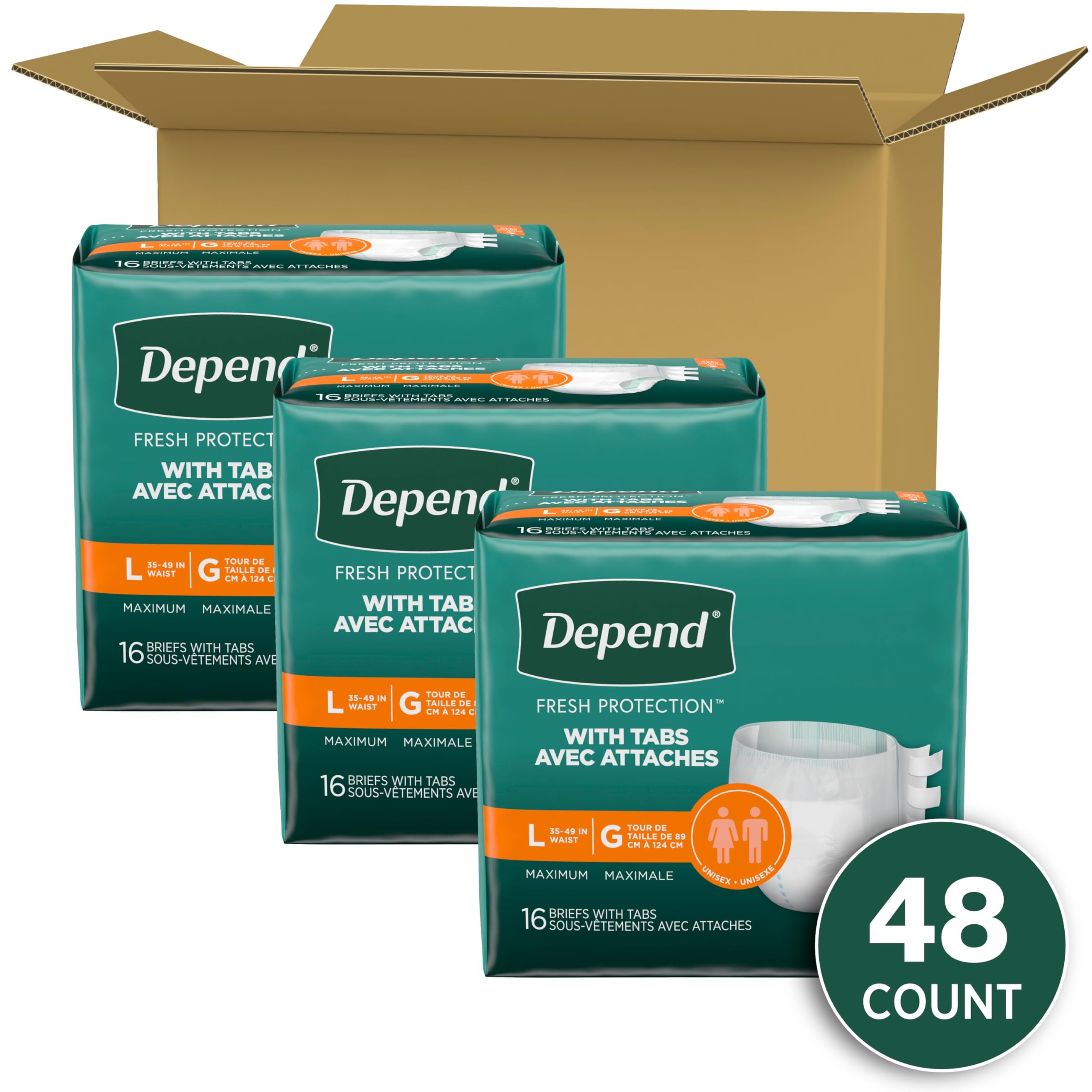 Depend Incontinence Protection with Tabs, Unisex, Large (35-49 Waist, over 170 lbs), Maximum Absorbency, 48 Count (3 Packs of 16