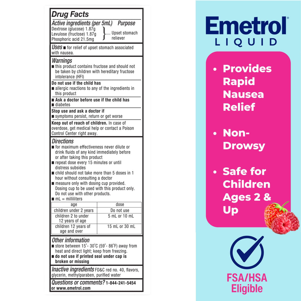 Emetrol Childrens Non-Drowsy Nausea Relief - Liquid Nausea Medicine for Upset Stomach - Nausea Relief for Kids - Mixed Berry Fl