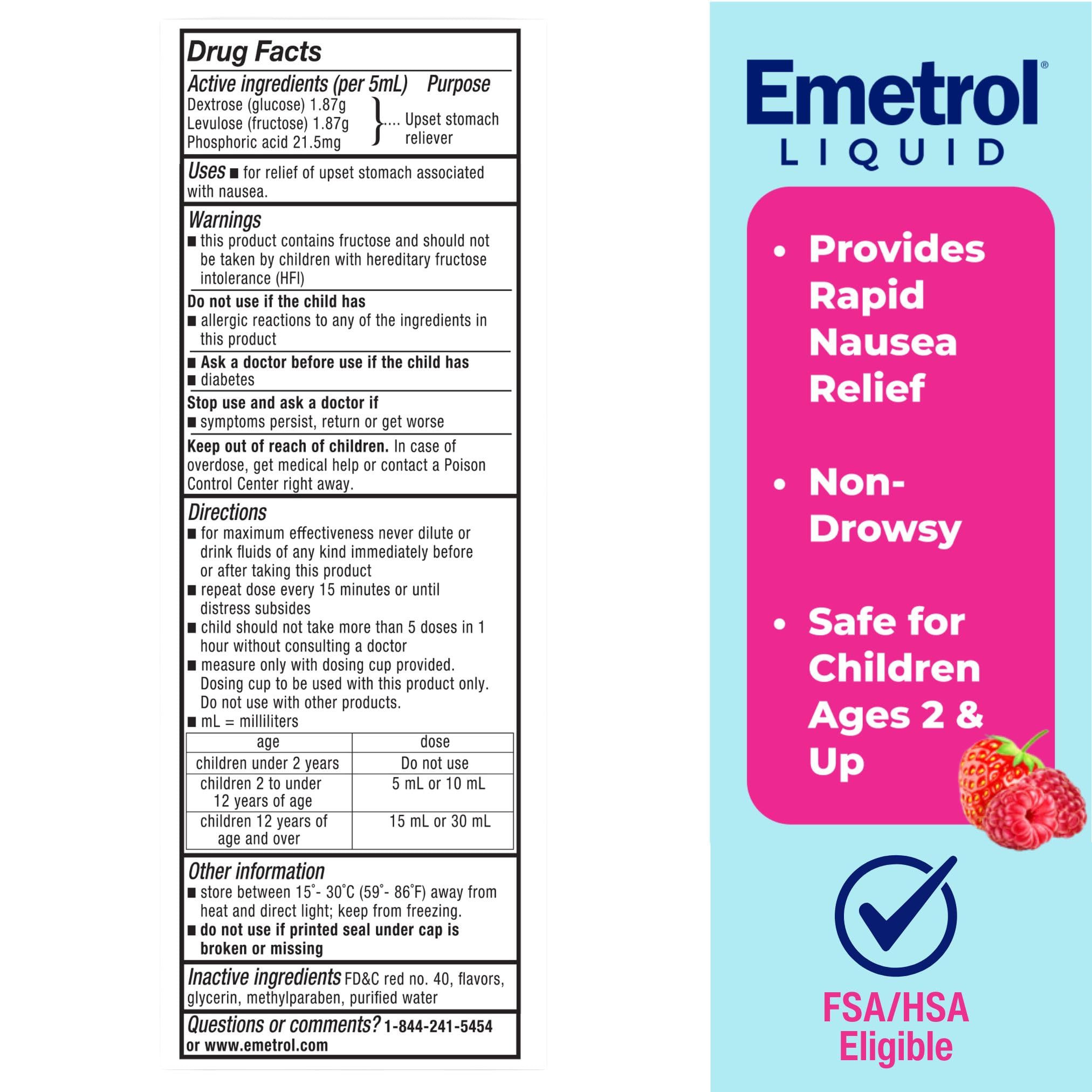 Emetrol Childrens Non-Drowsy Nausea Relief - Liquid Nausea Medicine for Upset Stomach - Nausea Relief for Kids - Mixed Berry Fl