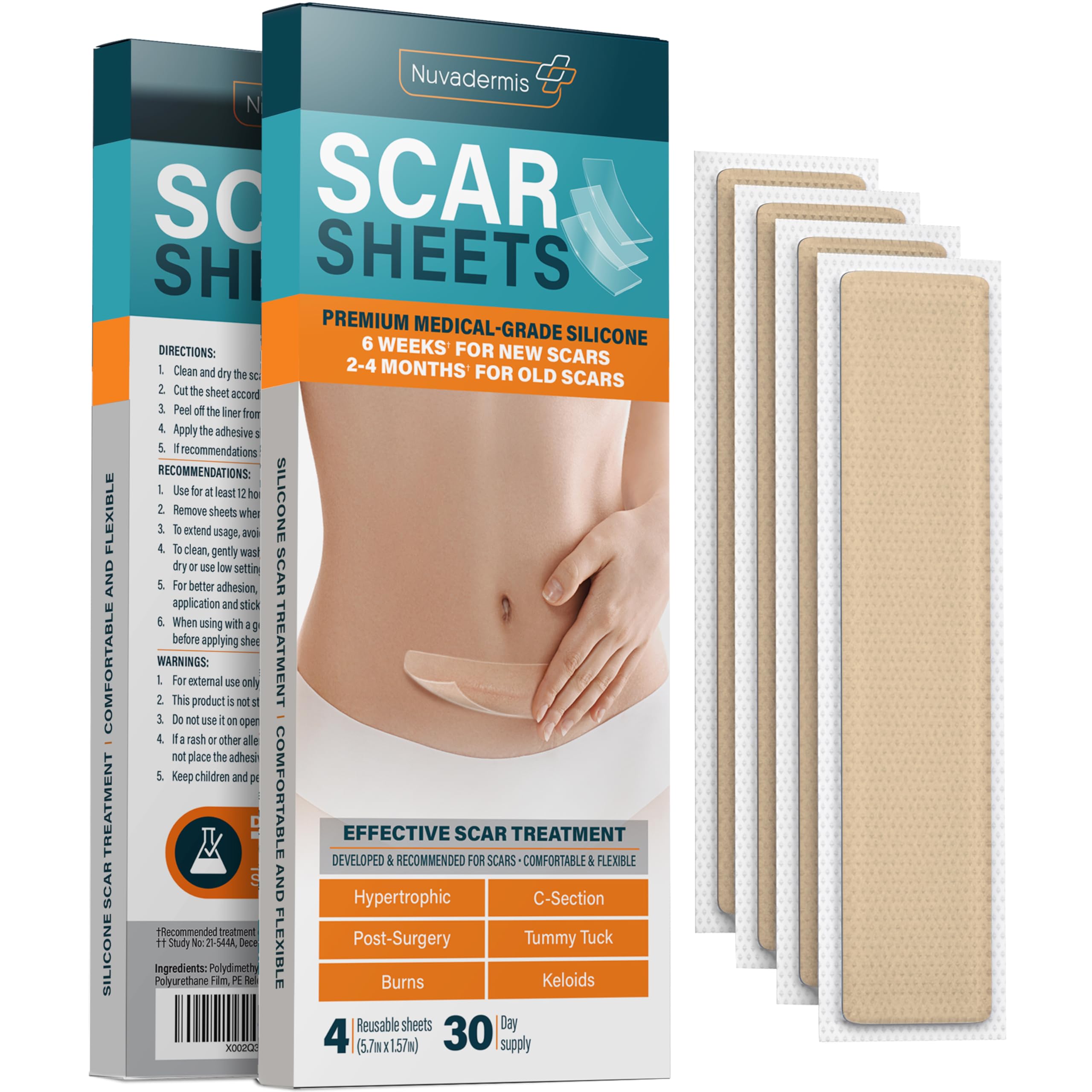 NUVADERMIS Silicone Scar Sheets - Extra Long Scar Sheets for C-Section, Tummy Tuck, Keloid, and Surgical Scars - Reusable Medica
