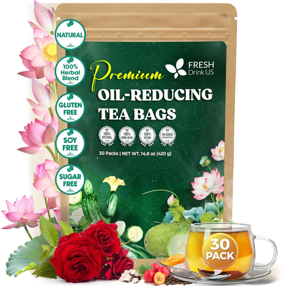 Oil Reducing Tea, Oil Cleansing for Liver, 10 Herbal Ingredients, Traditional Recipe Tea for Liver, 100% Natural, Easy Brewing, Steep Repeatedly (Tea Bags/ Tea Packs)