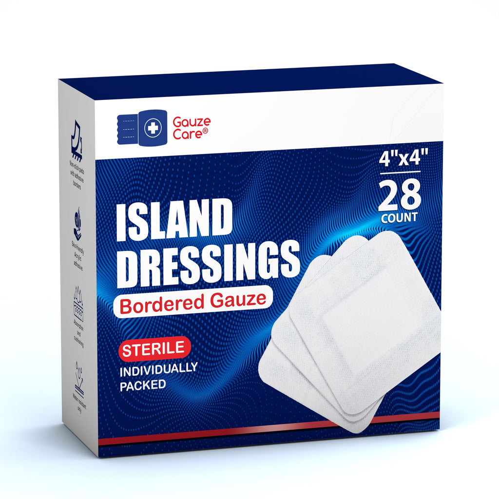 GauzeCare Island Dressing 4x4 inch 28 Pcs| Individually Packed Sterile Pouches| 2x2 Non-Stick Pad in Center with Acrylic Adhesiv