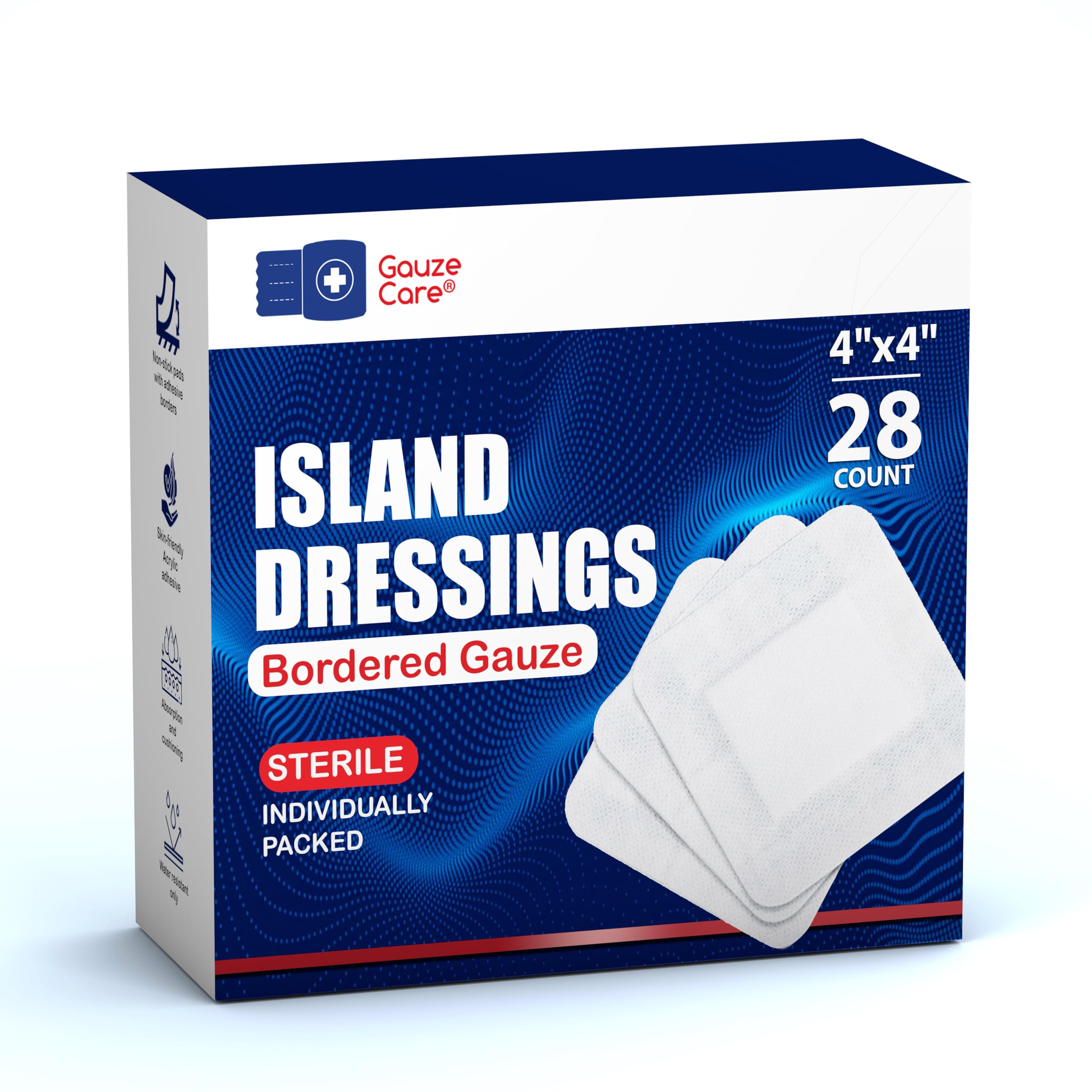 GauzeCare Island Dressing 4x4 inch 28 Pcs| Individually Packed Sterile Pouches| 2x2 Non-Stick Pad in Center with Acrylic Adhesiv