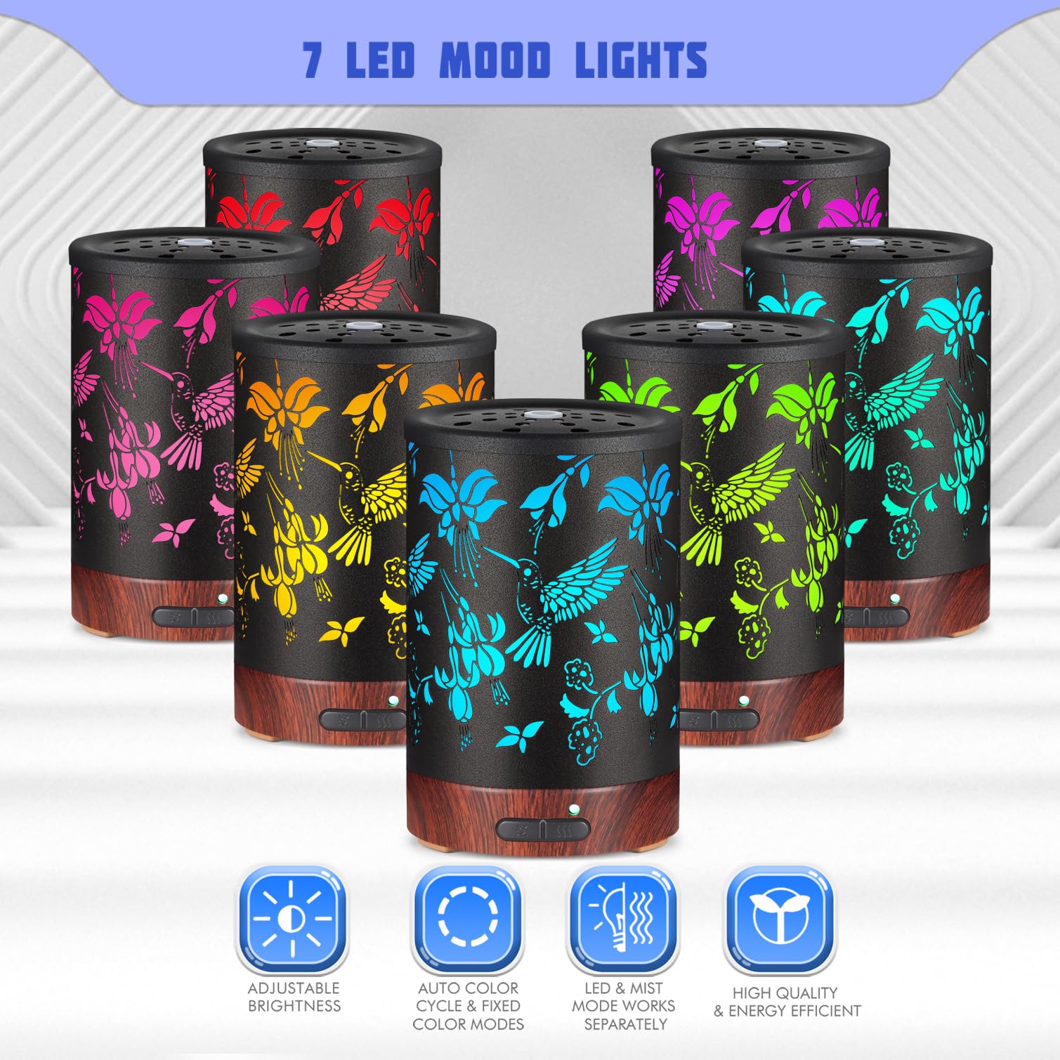 Metal Essential Oils Diffuser 150ML Christmas Aromatherapy Diffuser Cool Mist Humidifier with 7 Colors Lights Waterless Auto Off