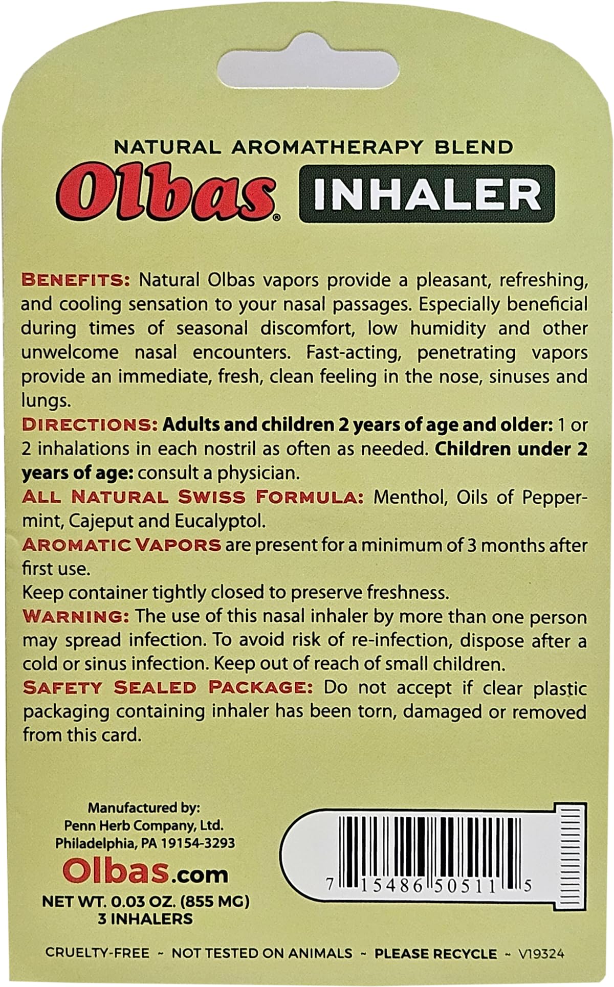 Olbas Inhaler Aromatherapy/Aromatic Inhaler, 0.01 Oz, 3-Pack