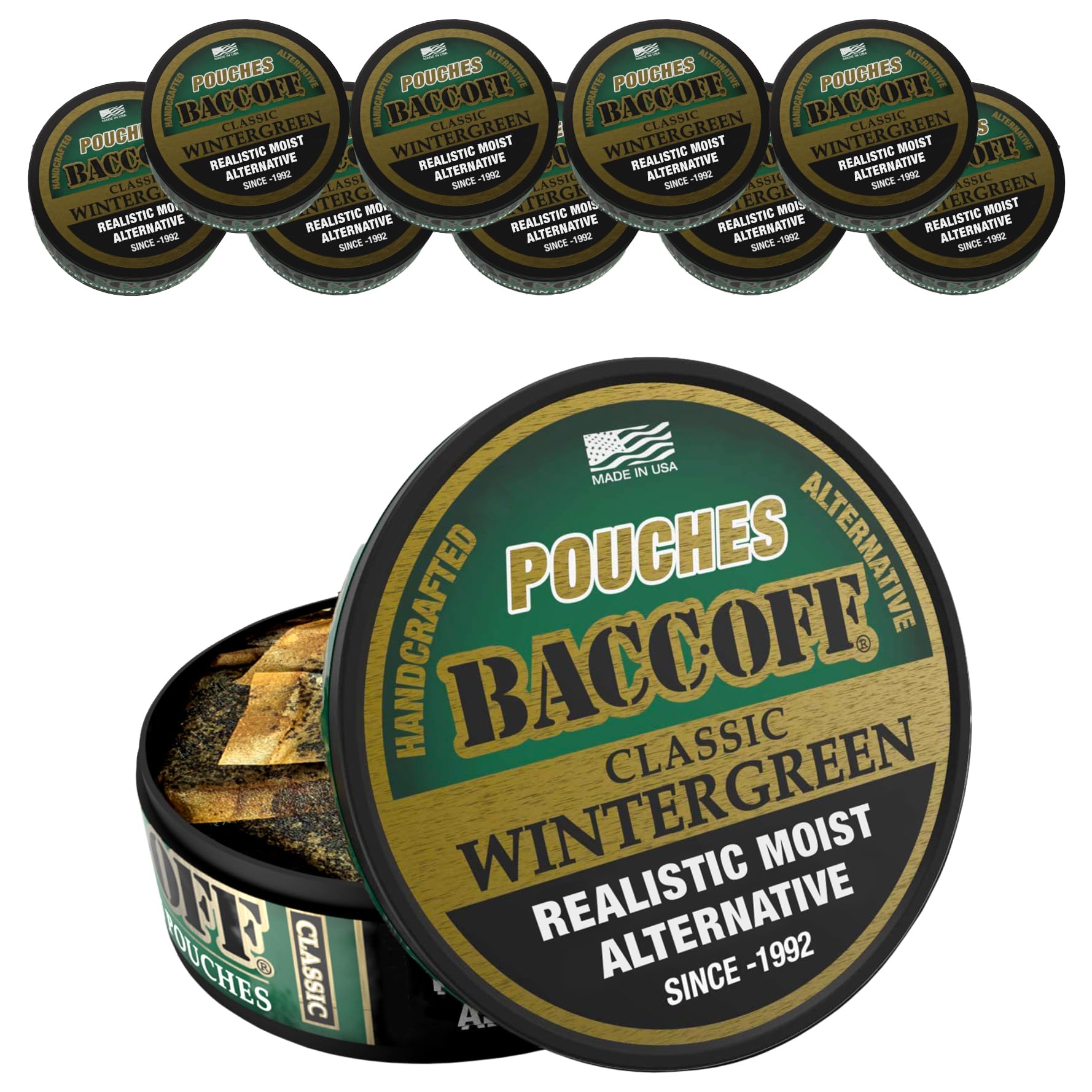 10 Cans, BaccOff Wintergreen Pouches | No Tobacco Dip, No Nicotine, Smokeless Alternative Snuff