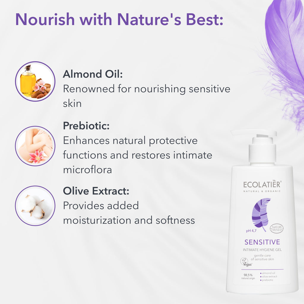 Feminine Wash Sensitive with Almond Oil & Olive Extract - 98.5% Natural, Vegan, pH 5.2 Balanced vaginal wash for woman Dry & Sen
