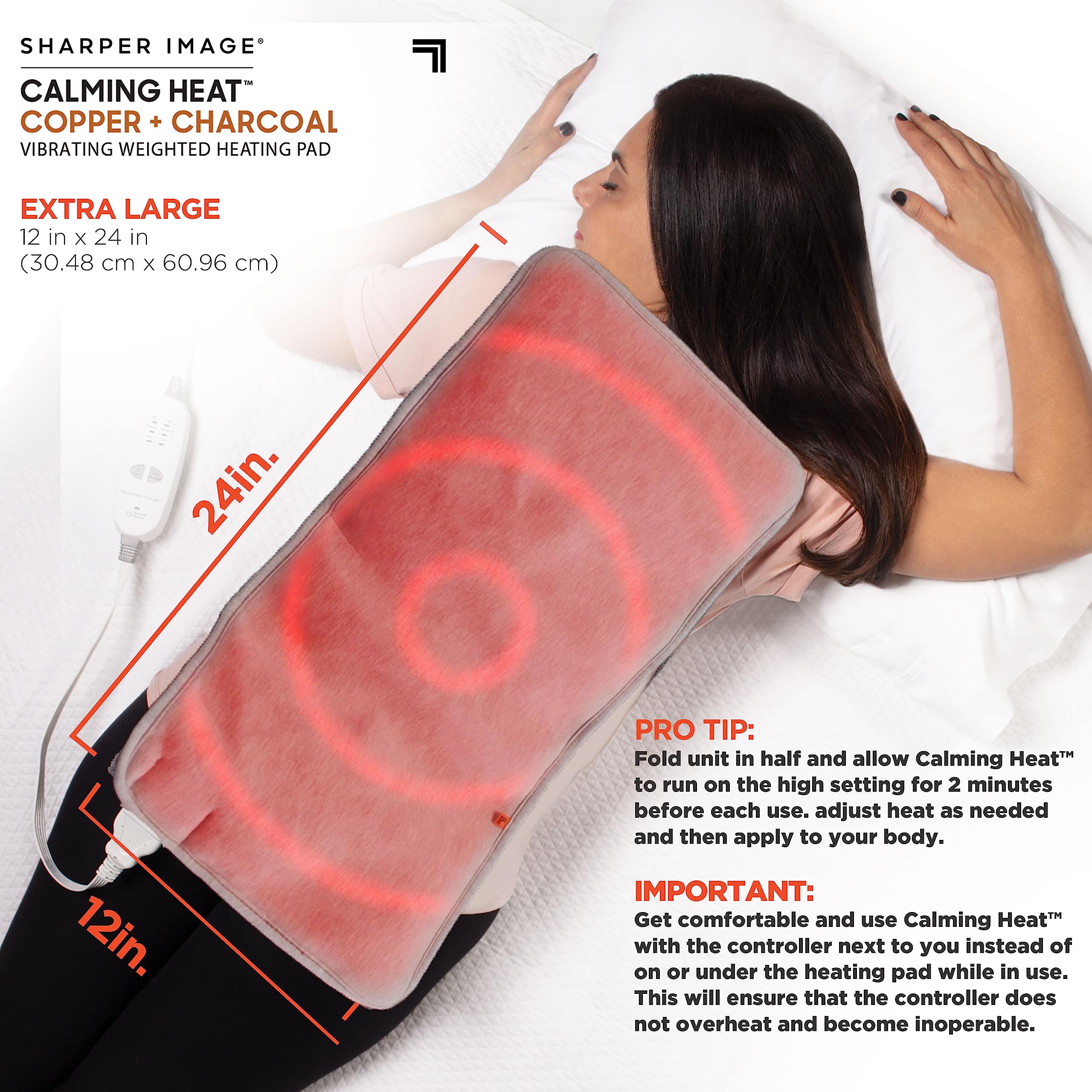 Calming Heat Copper + Charcoal Massaging Heating Pad by Sharper Image- Weighted Electric Heating Pad with Vibrations, Auto Off,
