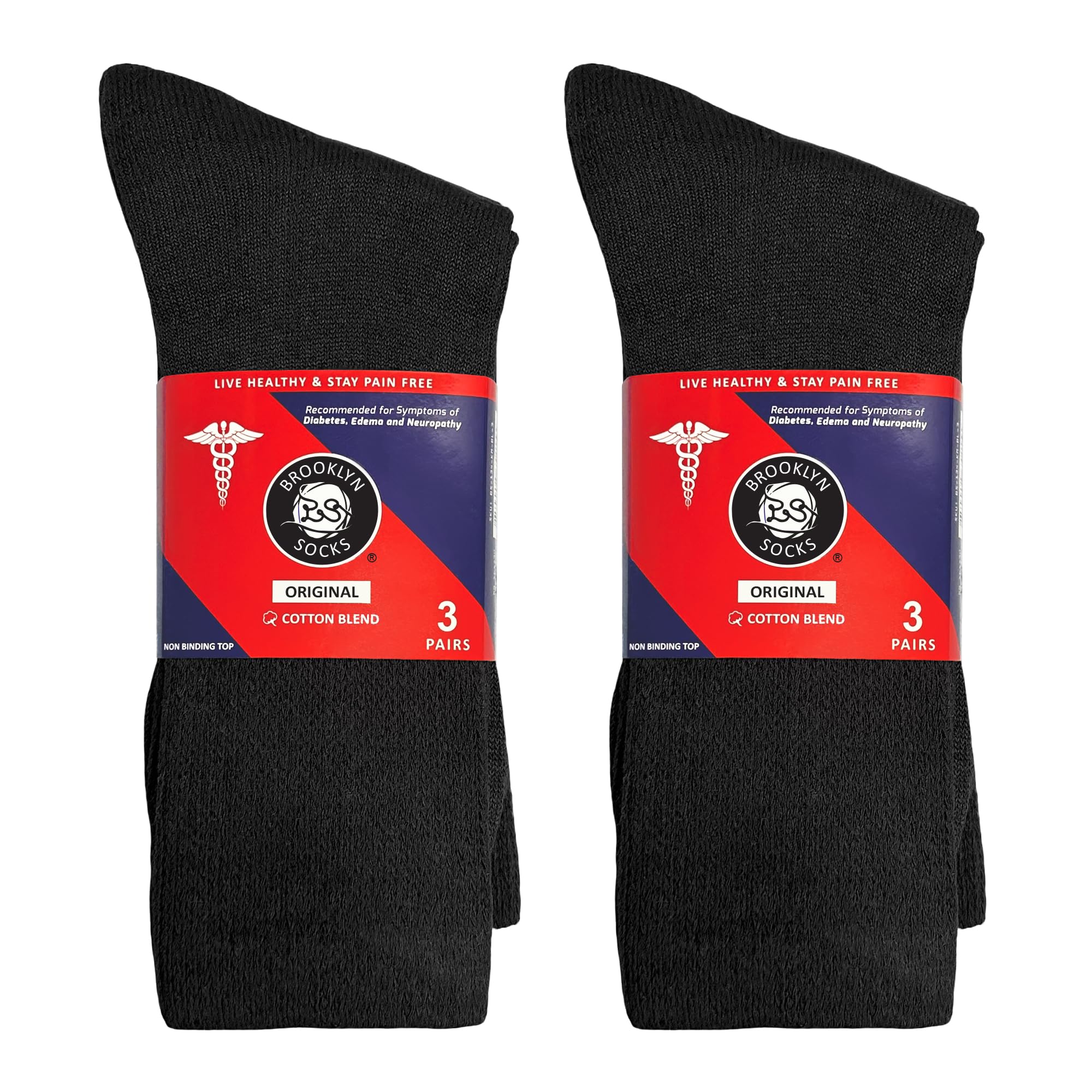 6 Pairs of Cotton Diabetic Non-Binding Neuropathy Crew Socks (Black, Fits Mens Shoe Size 8-10/Womens shoe size 9-11)