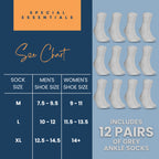Special Essentials 12 Pairs Cotton Diabetic Ankle Socks - Non-Binding With Extra Wide Top For Men and Women Gray 9-11