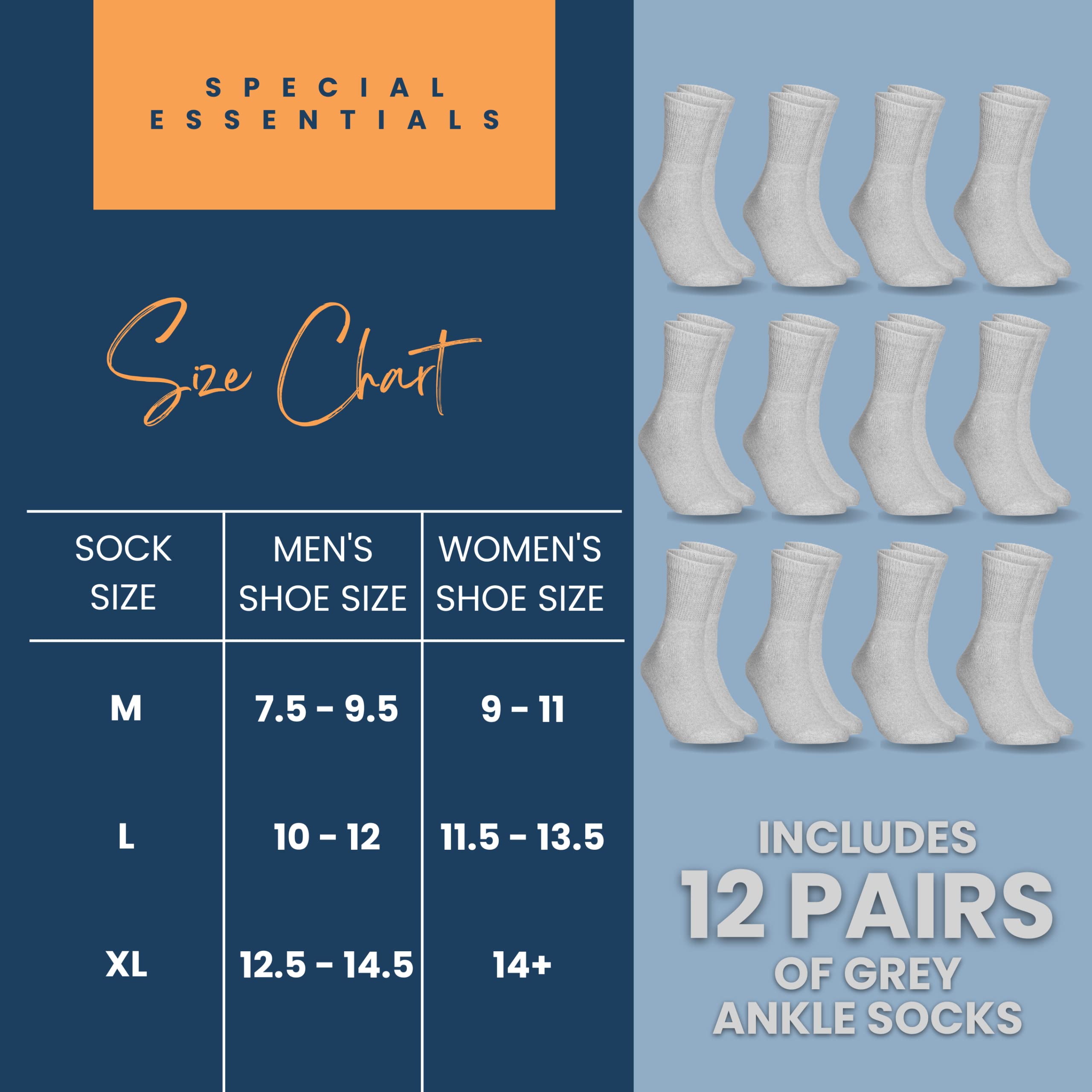 Special Essentials 12 Pairs Cotton Diabetic Ankle Socks - Non-Binding With Extra Wide Top For Men and Women Gray 9-11