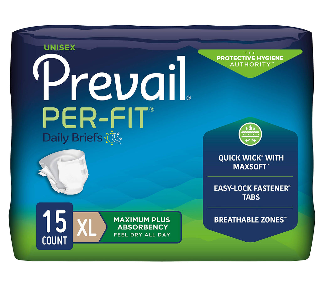 Prevail Per-Fit Incontinence Unisex Briefs with Tabs, Disposable Adult Diaper, Maximum Plus Absorbency, X-Large, 15 Count Bag