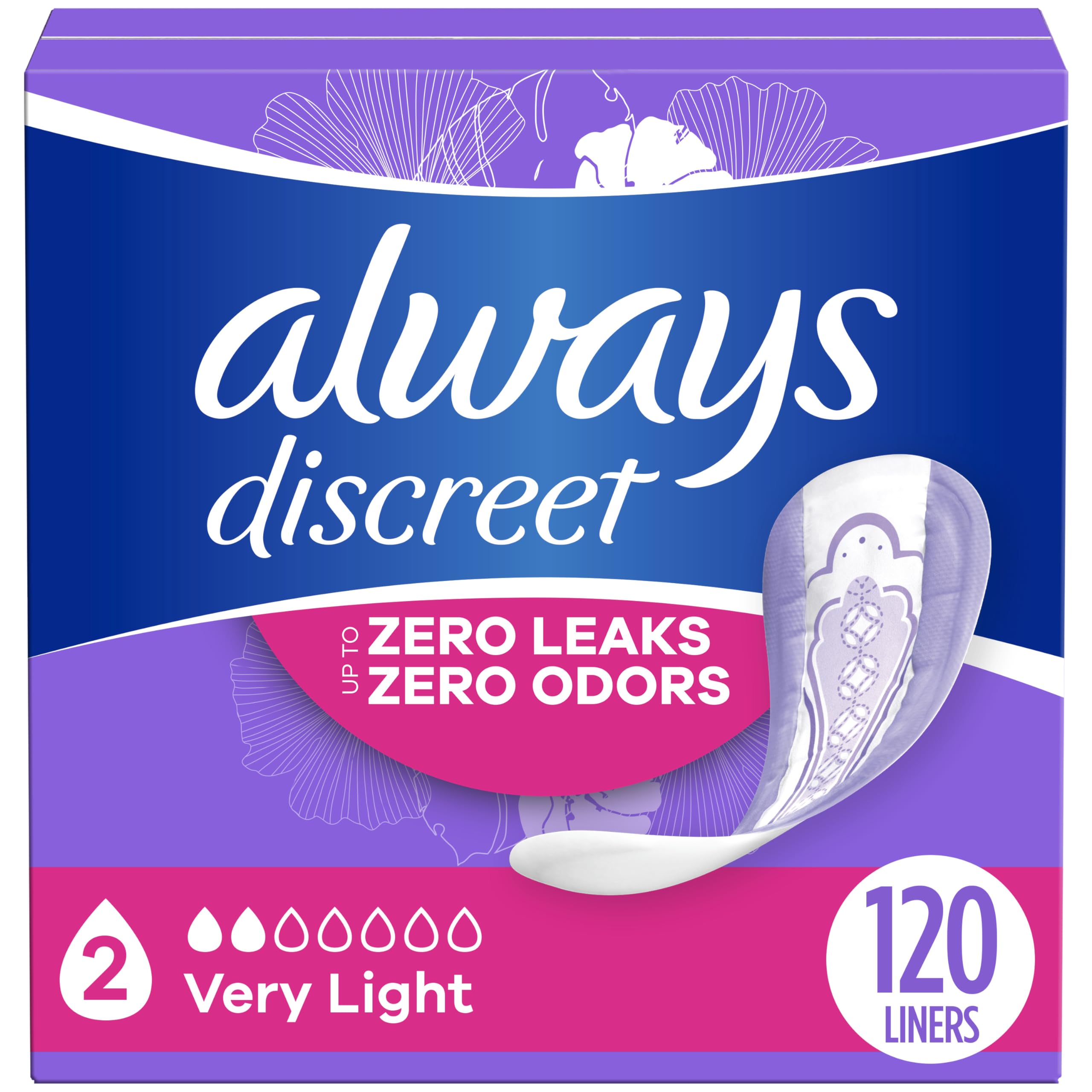 Always Discreet Adult Incontinence & Postpartum Liners for Women, Size 2, Very Light Absorbency, Regular Length, 120 Count (Pack