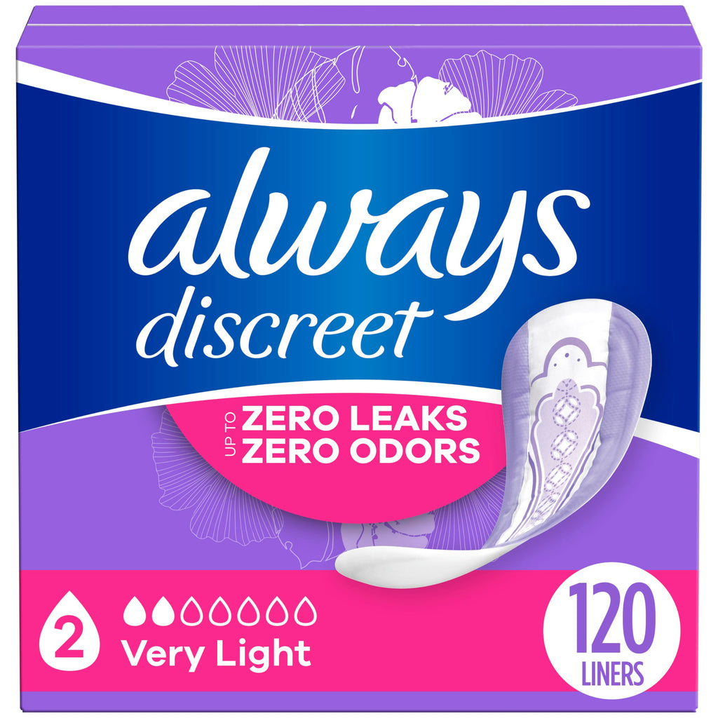 Always Discreet Adult Incontinence & Postpartum Liners for Women, Size 2, Very Light Absorbency, Regular Length, 120 Count (Pack