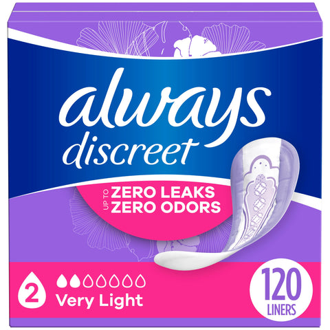 Always Discreet Adult Incontinence & Postpartum Liners for Women, Size 2, Very Light Absorbency, Regular Length, 120 Count (Pack