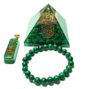 Sawcart Malachite Green Crystal Orgone Pyramid with Flower of Life Symbol, Stone Bracelet & Pendant Necklace Combo for Aura Clea