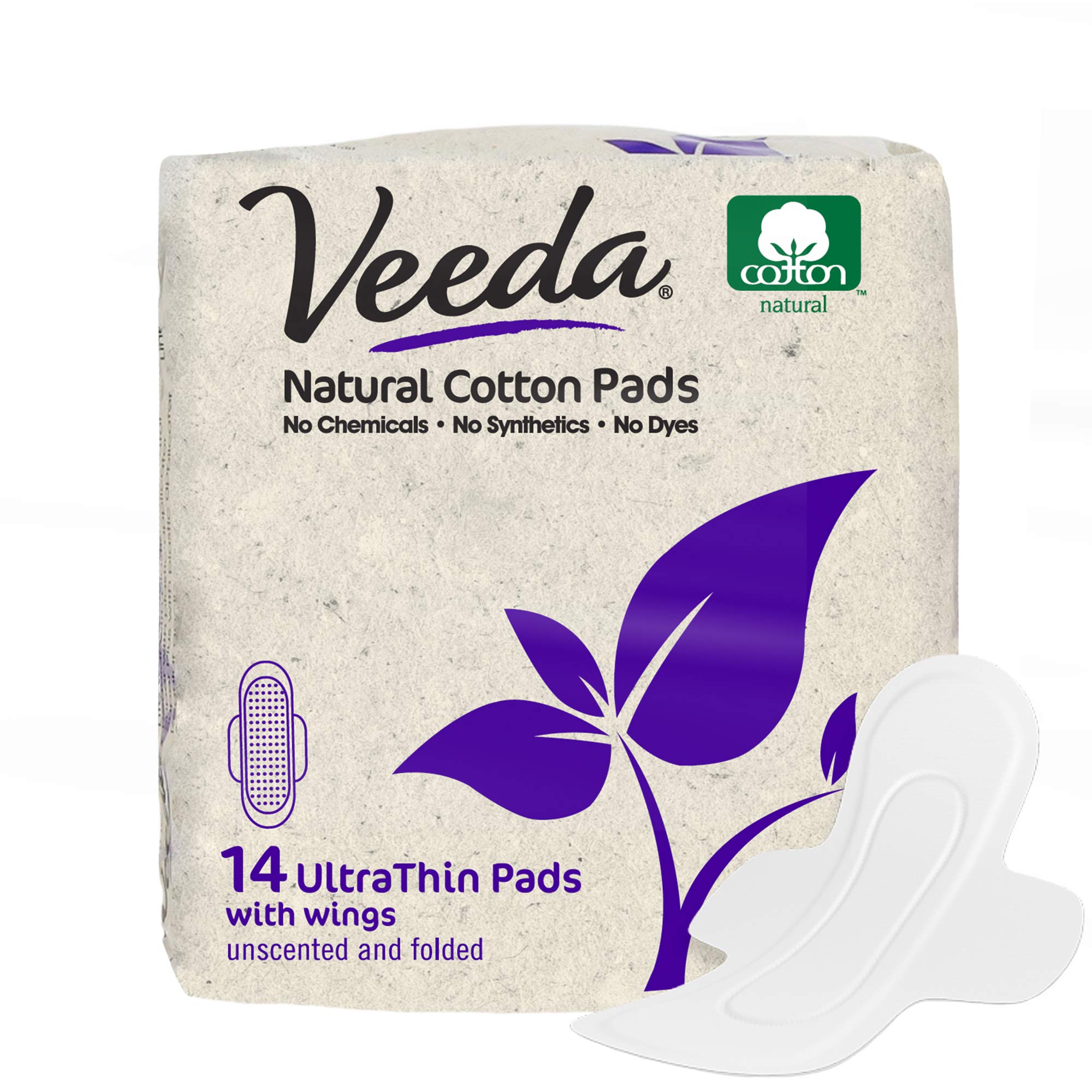 Veeda UltraThin Absorbent Day Pads with 100% Natural Cotton Top Sheet are Always Chlorine and Fragrance Free, Hypoallergenic, S