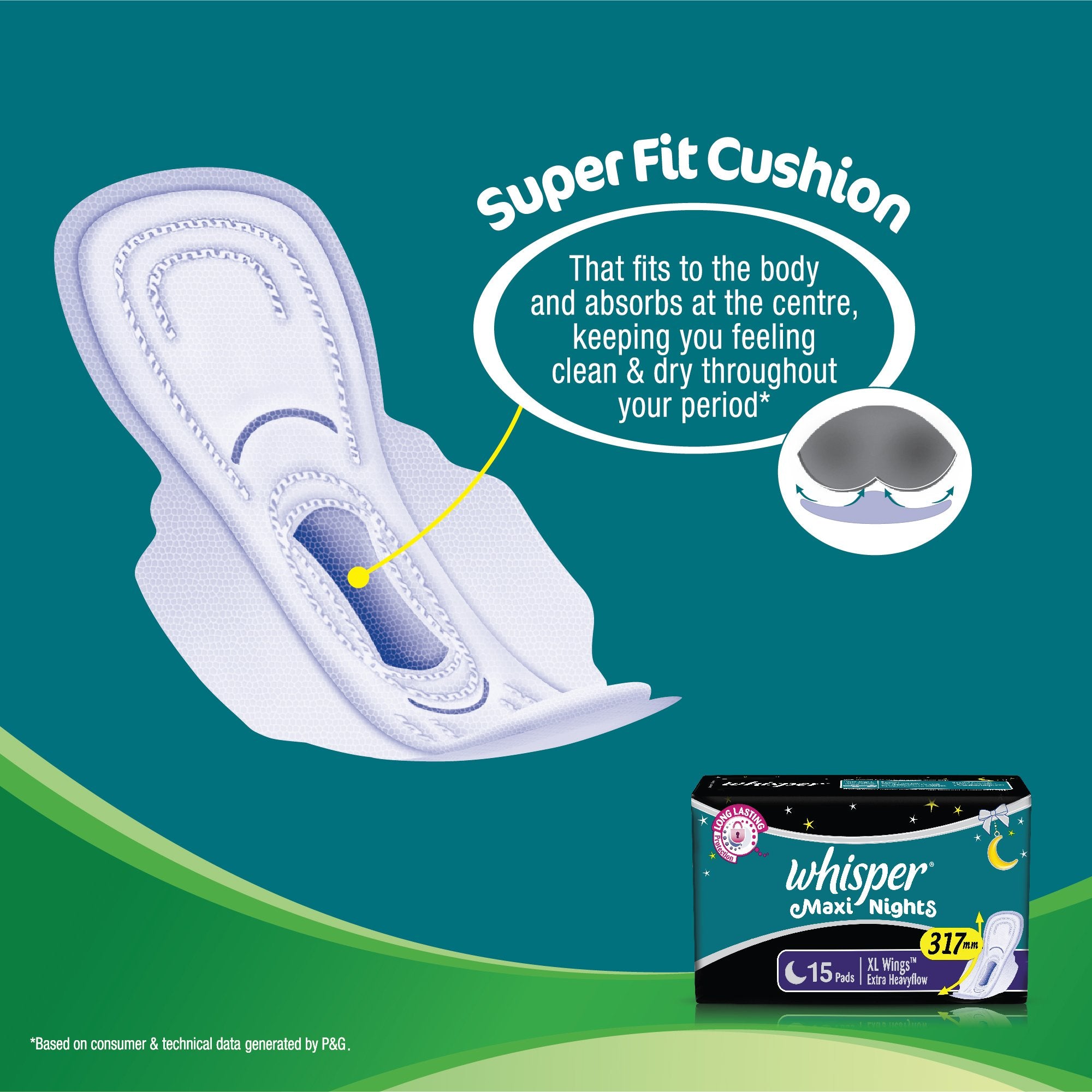 Whisper Maxi Nights Sanitary Pads for Women, XL, Pack of 15 Napkins