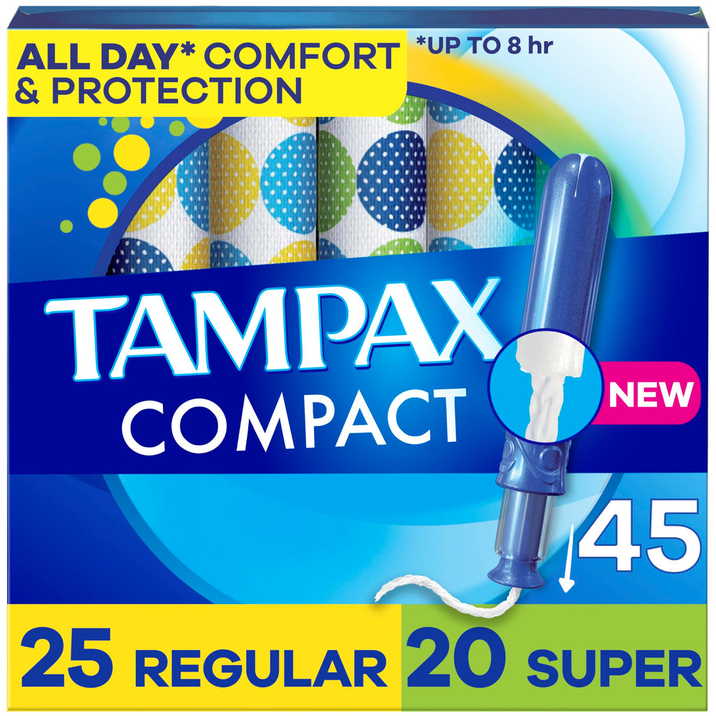 Tampax Compact Pearl Tampons Multipack, with LeakGuard Braid & Extendable Applicator, Regular/Super Absorbency, Compact Extendab