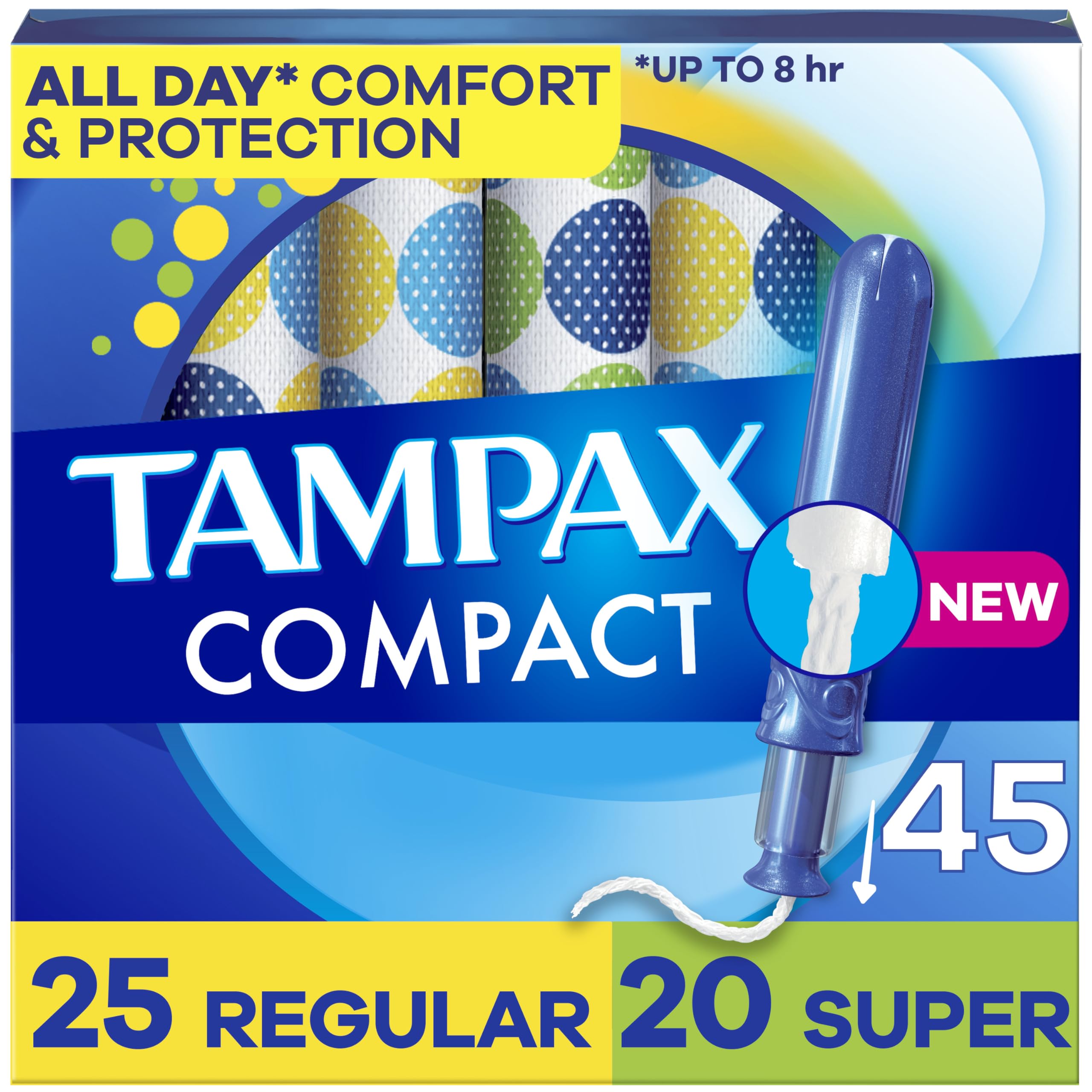 Tampax Compact Pearl Tampons Multipack, with LeakGuard Braid & Extendable Applicator, Regular/Super Absorbency, Compact Extendab