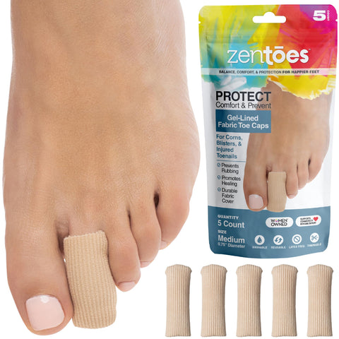 ZenToes 5 Pack Toe Caps Closed Toe Fabric Sleeve Protectors with Gel Lining, Prevent Corn, Callus, Blister Development Between T