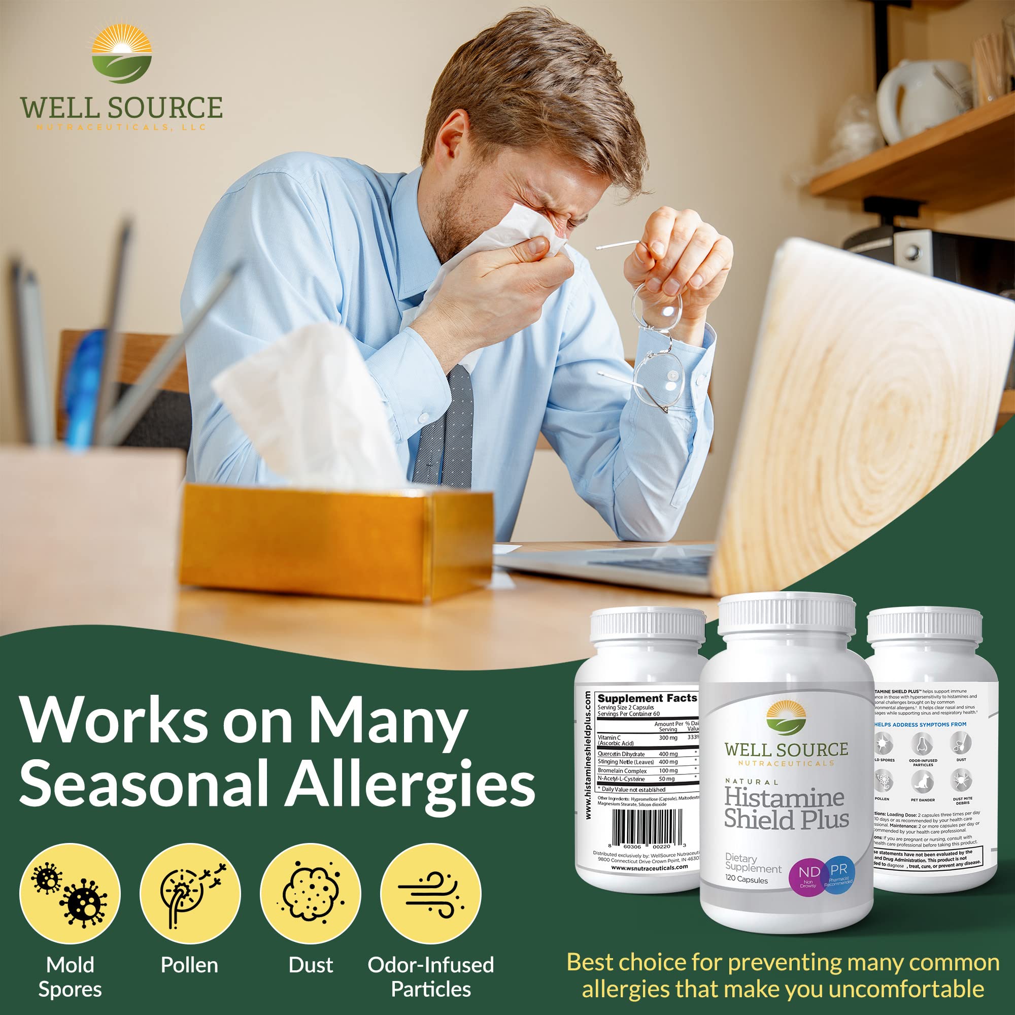 Histamine Shield Plus All Natural Antihistamine Supplement Works for Pollen, Pet Dander, Dust, Mold, and Odor Allergies. 120 Cap