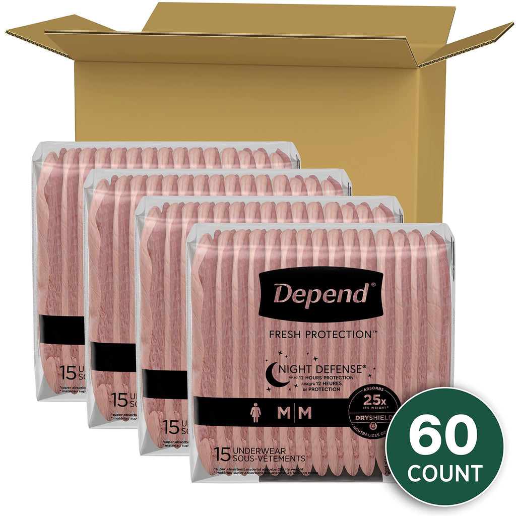 Depend Night Defense Adult Incontinence & Postpartum Bladder Leak Underwear for Women, Disposable, Overnight, Medium, Blush, 60