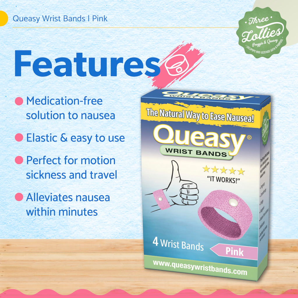 Three Lollies Queasy Wrist Bands - Natural Non-Drowsy Nausea Relief & Sickness Prevention - Travel & Motion Sickness - Relief fr