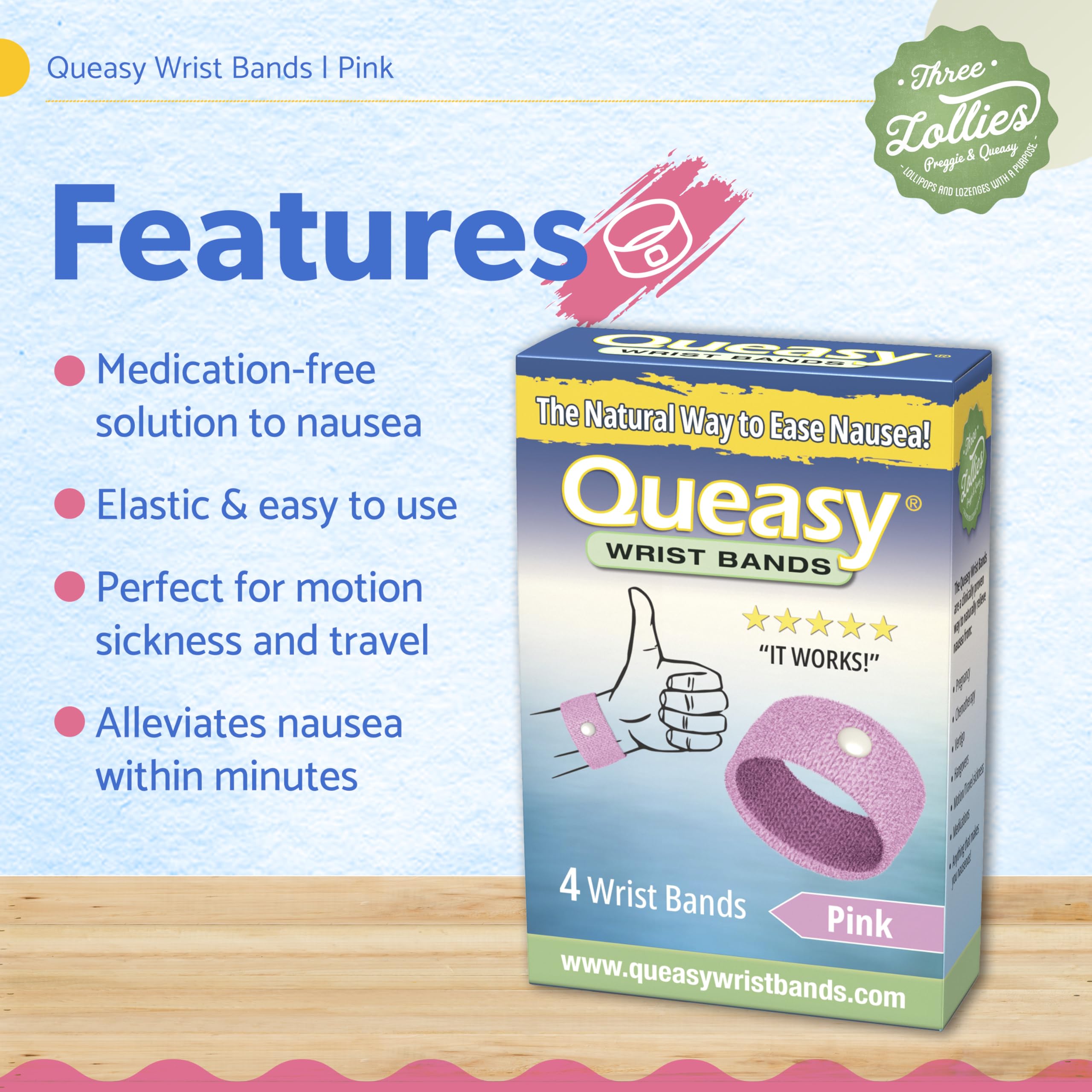 Three Lollies Queasy Wrist Bands - Natural Non-Drowsy Nausea Relief & Sickness Prevention - Travel & Motion Sickness - Relief fr