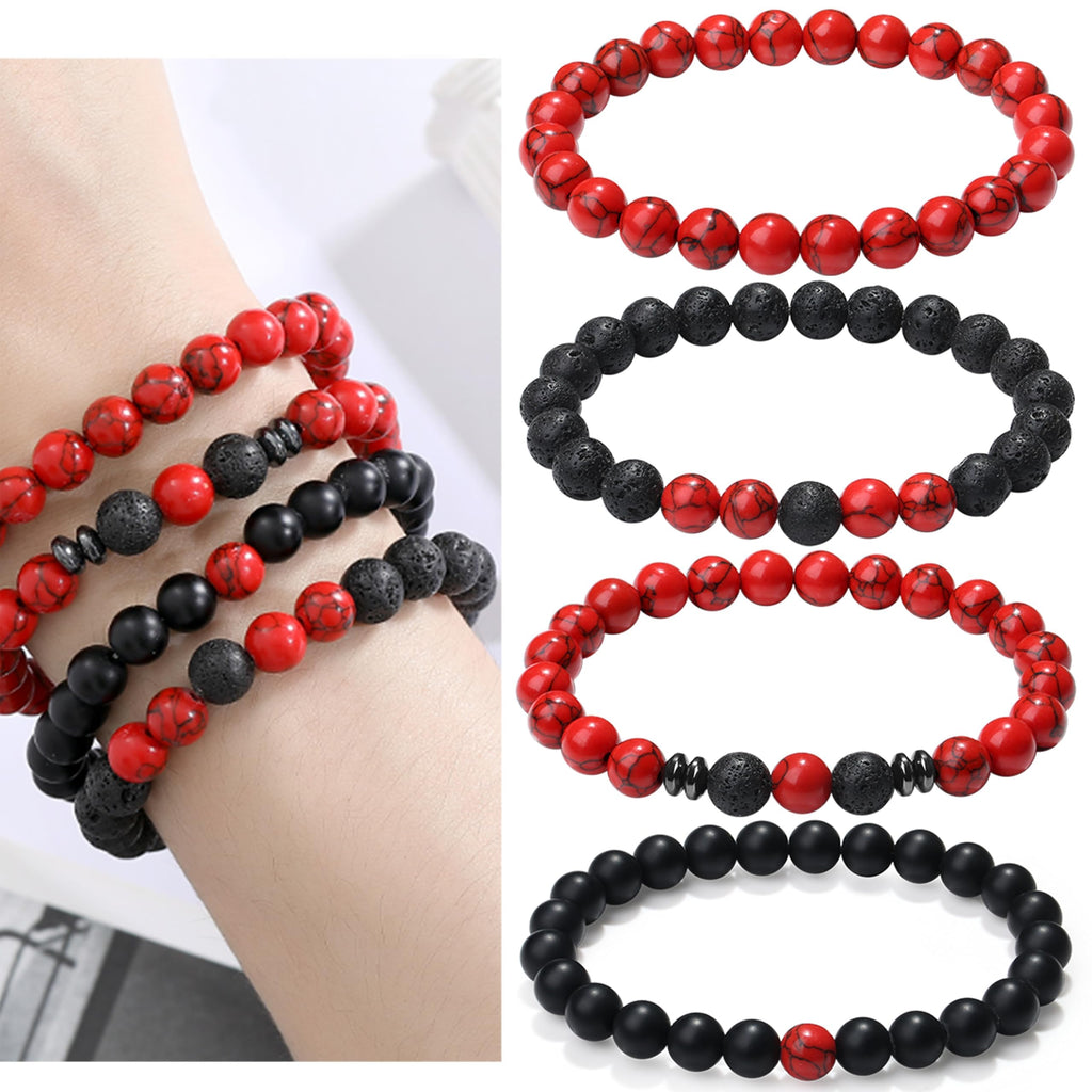 XIANNVXI Natural Stone Beads Bracelets for Men Red Black Beaded Bracelet for Men 4PC Mens Red Black 8mm Beaded Adjustable Stretc
