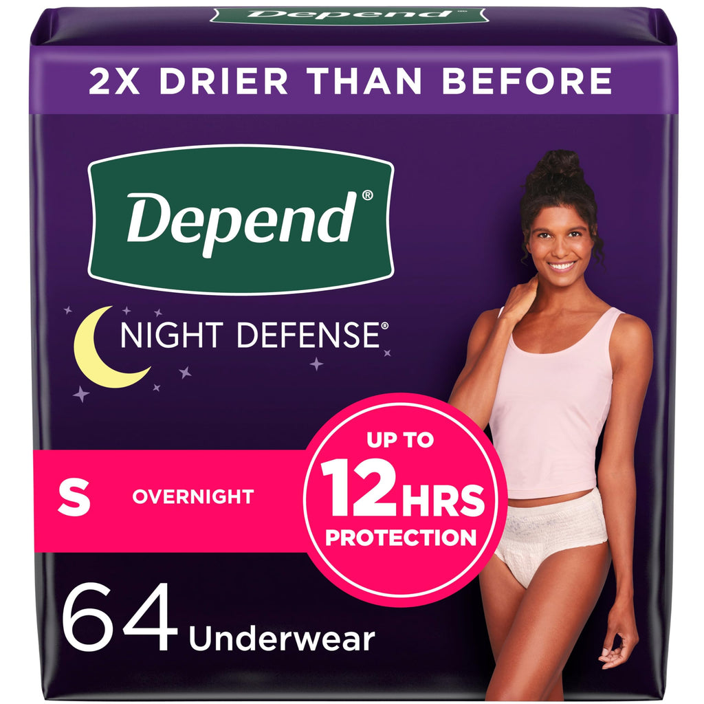 Depend Night Defense Adult Incontinence & Postpartum Bladder Leak Underwear for Women, Disposable, Overnight, Small, Blush, 64 C