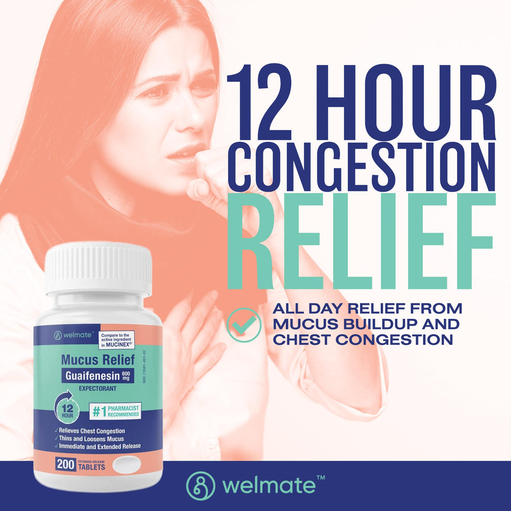 WELMATE - Mucus Relief - Guaifenesin 600mg - 12 Hr Support - Temporary Relief from Cough, Nasal & Chest Congestion, Infections,
