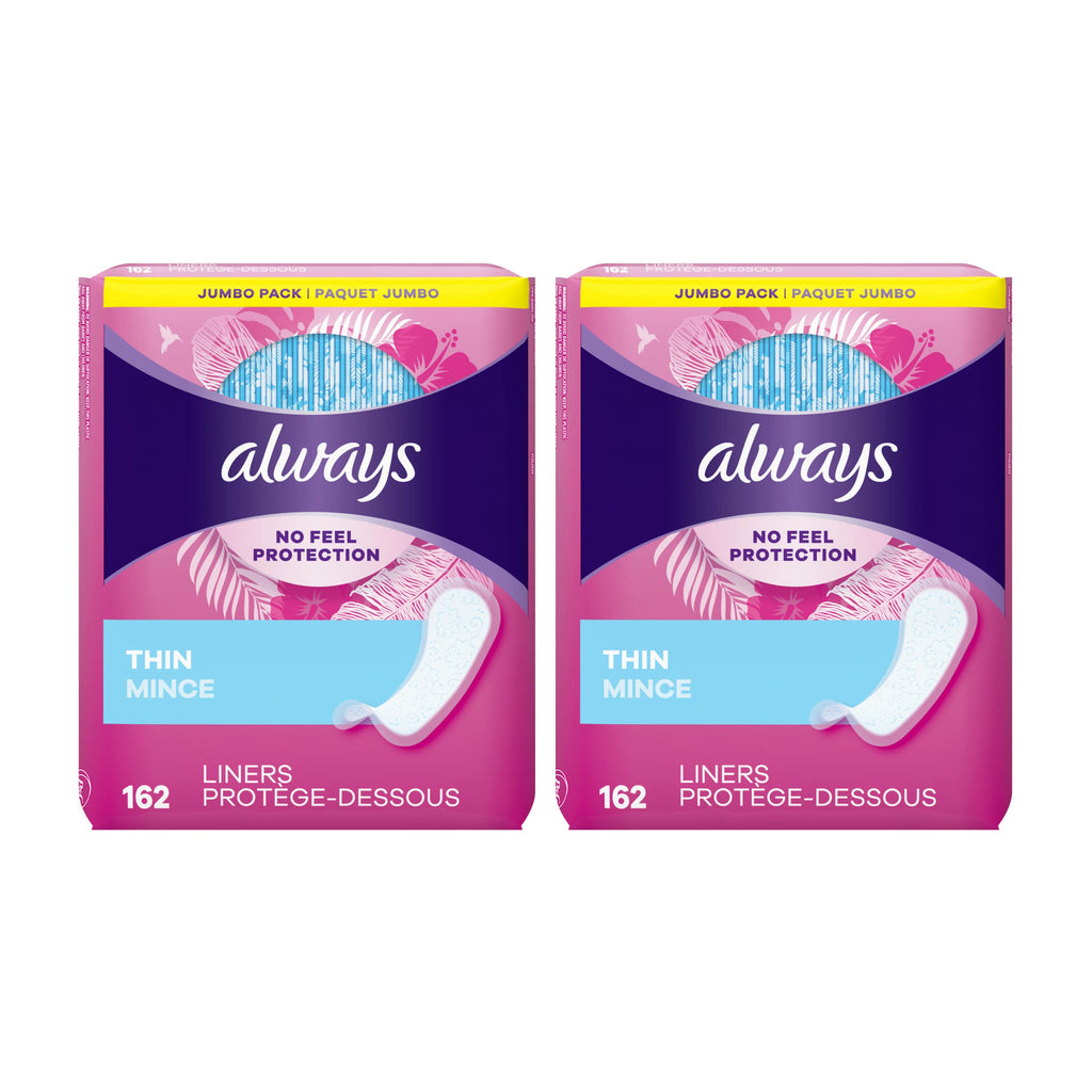 Always Thin No Feel Protection Daily Liners Regular Absorbency Unscented, 162 Count - Pack of 2