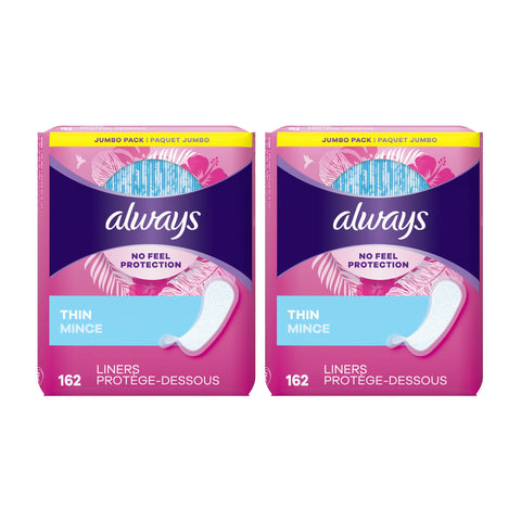 Always Thin No Feel Protection Daily Liners Regular Absorbency Unscented, 162 Count - Pack of 2