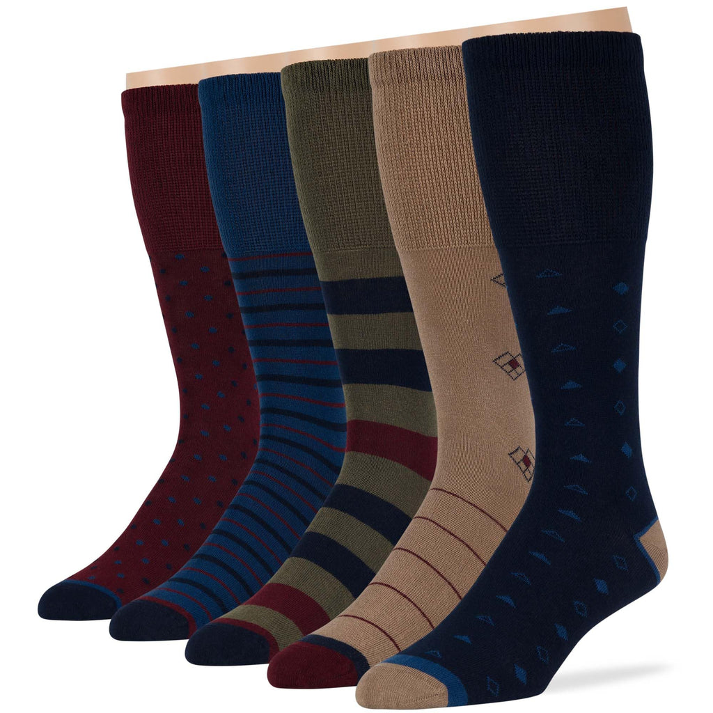 7BIGSTARS KINGDOM Men's Diabetic Cotton Mid Calf Socks - 5 Pack XLarge - Stripe Pattern - Sock Size 13-15 Shoe Size 12-15 XL Dar