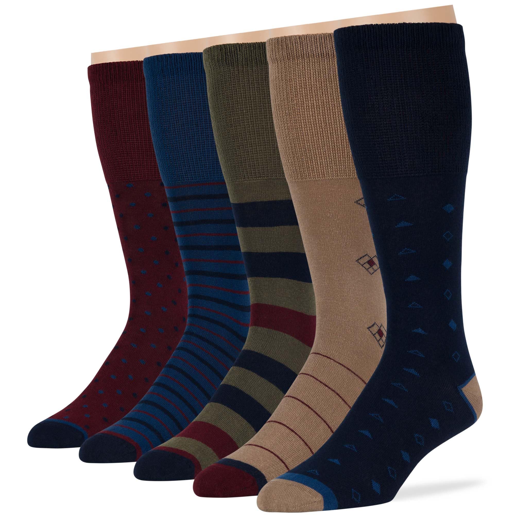 7BIGSTARS KINGDOM Men's Diabetic Cotton Mid Calf Socks - 5 Pack XLarge - Stripe Pattern - Sock Size 13-15 Shoe Size 12-15 XL Dar