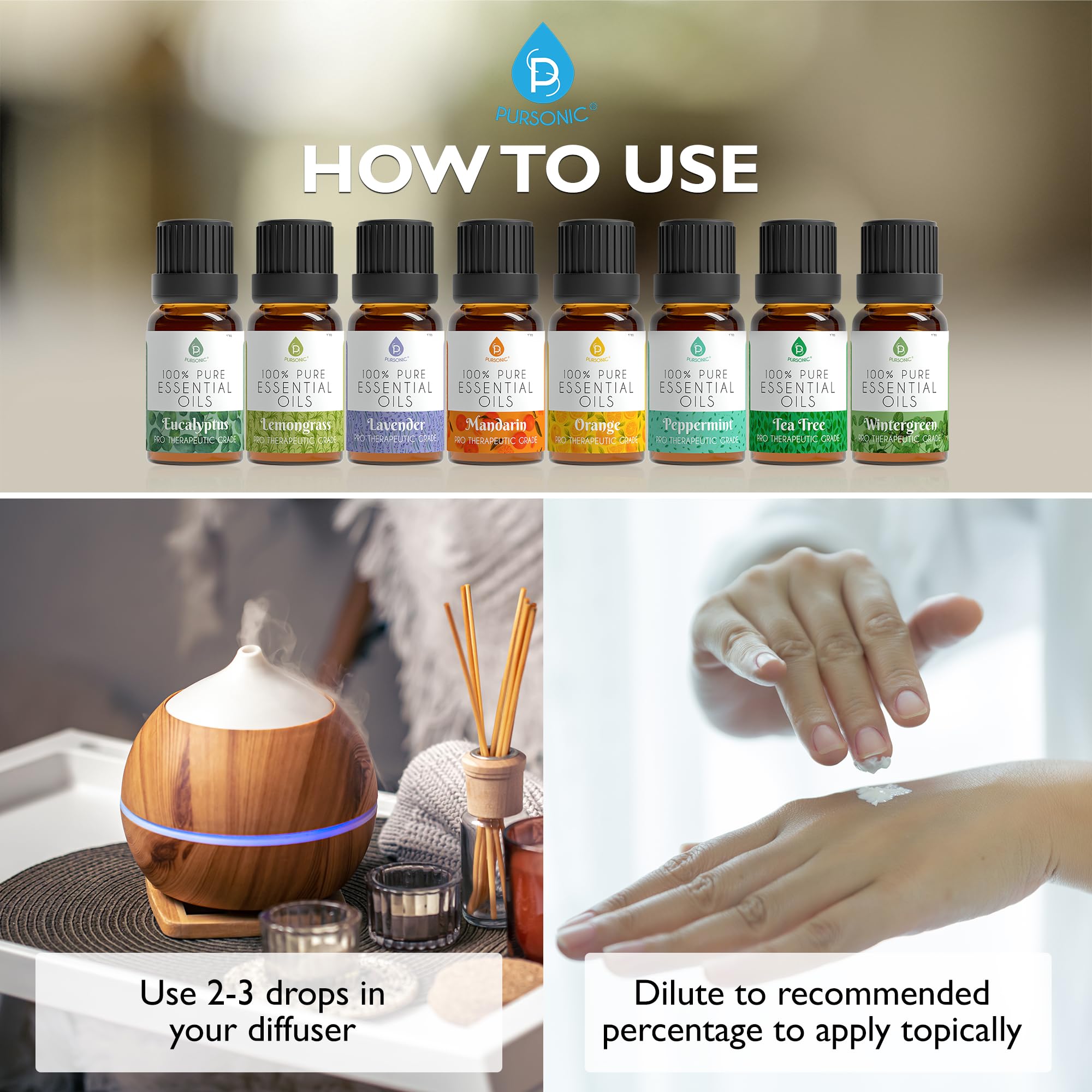 Pursonic Essential Oils Set - 8 Aromatherapy Oils Blends Gift Set - 10ml Pure Essential Oils for Diffusers, Home, Massage & Bath