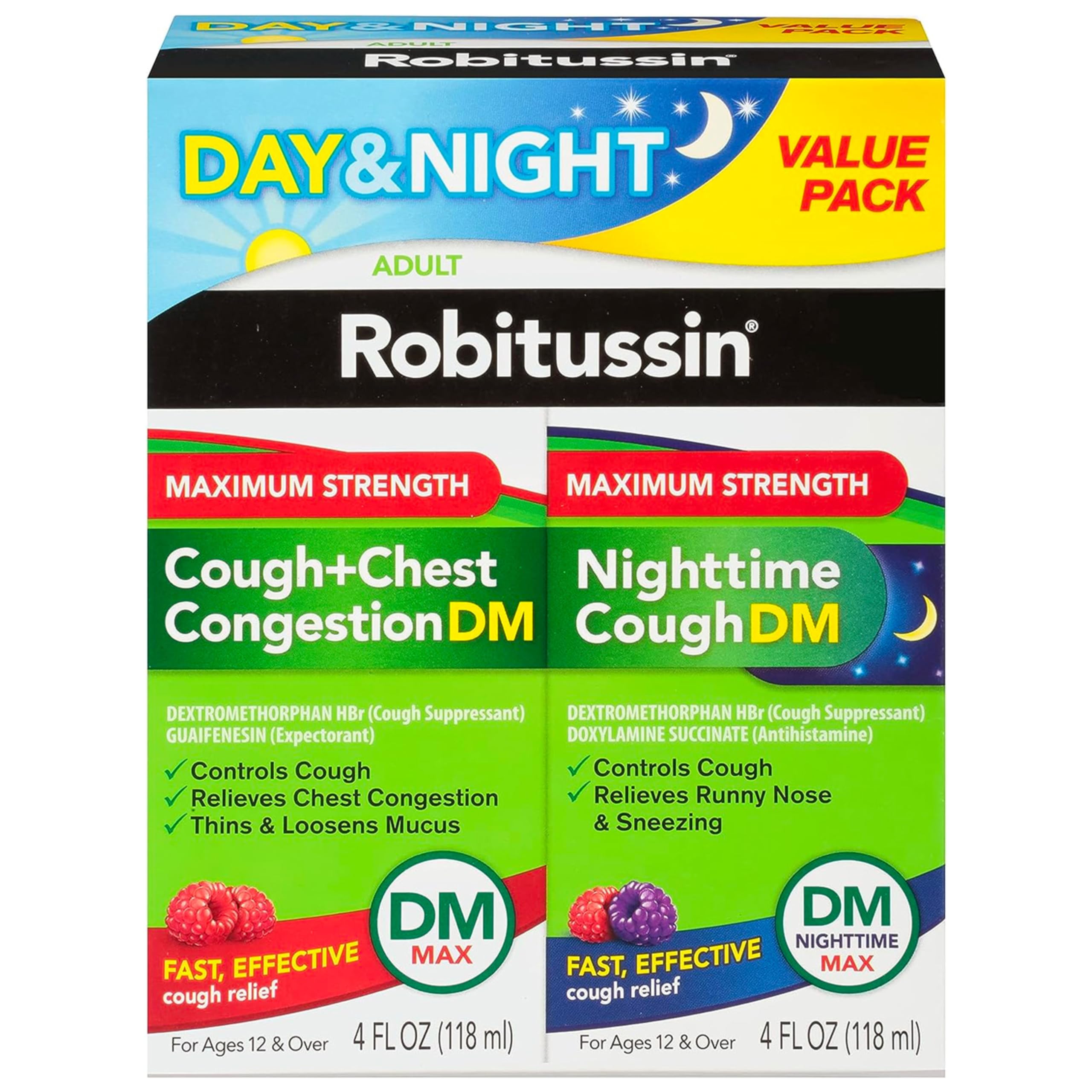 Robitussin Maximum Strength Cough + Chest Congestion DM And Maximum Strength Nighttime Cough DM, Cough Medicine For Adults, Berr