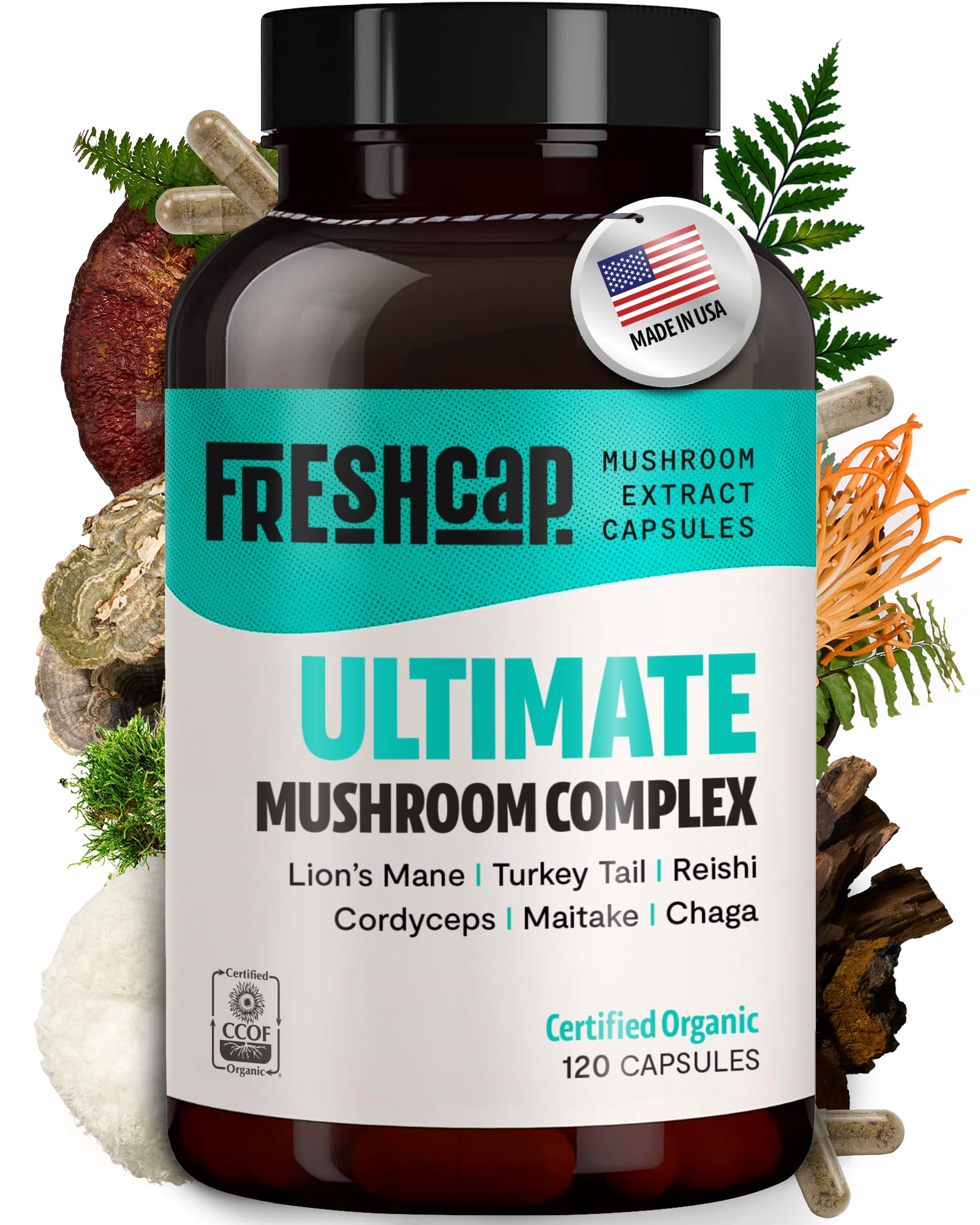 FreshCap Ultimate Mushroom Complex - Ayurveda Lions Mane, Reishi, Cordyceps, Chaga, Turkey Tail, Maitake - Immune Support & Noot