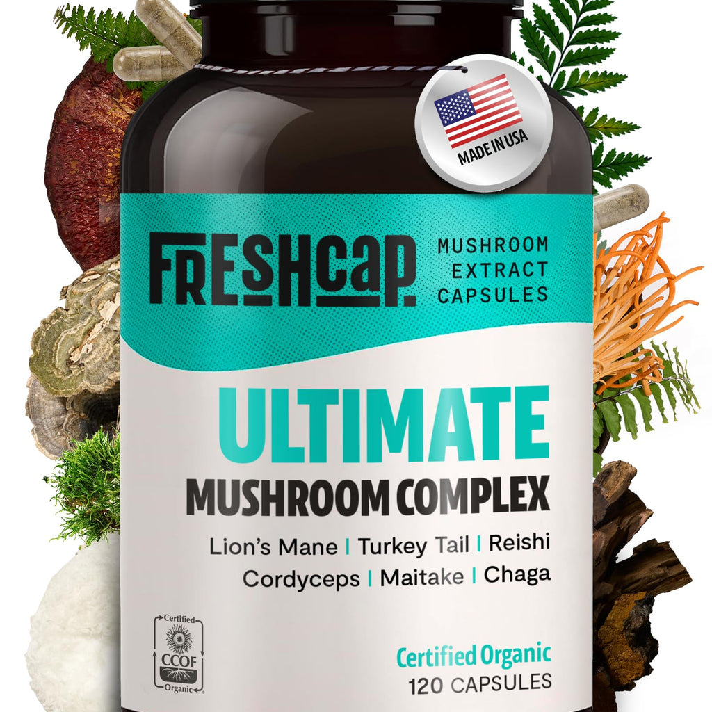 FreshCap Ultimate Mushroom Complex - Ayurveda Lions Mane, Reishi, Cordyceps, Chaga, Turkey Tail, Maitake - Immune Support & Noot