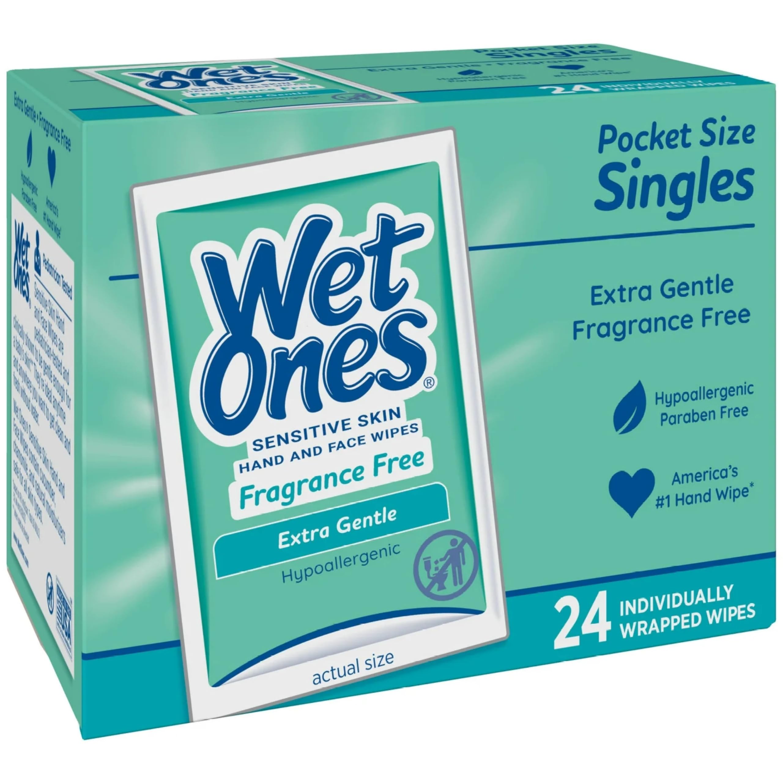 WET ONES Sensitive Skin Hand Wipes, Singles Extra Gentle Fragrance & Alcohol Free 24 ea ( Pack of 3)